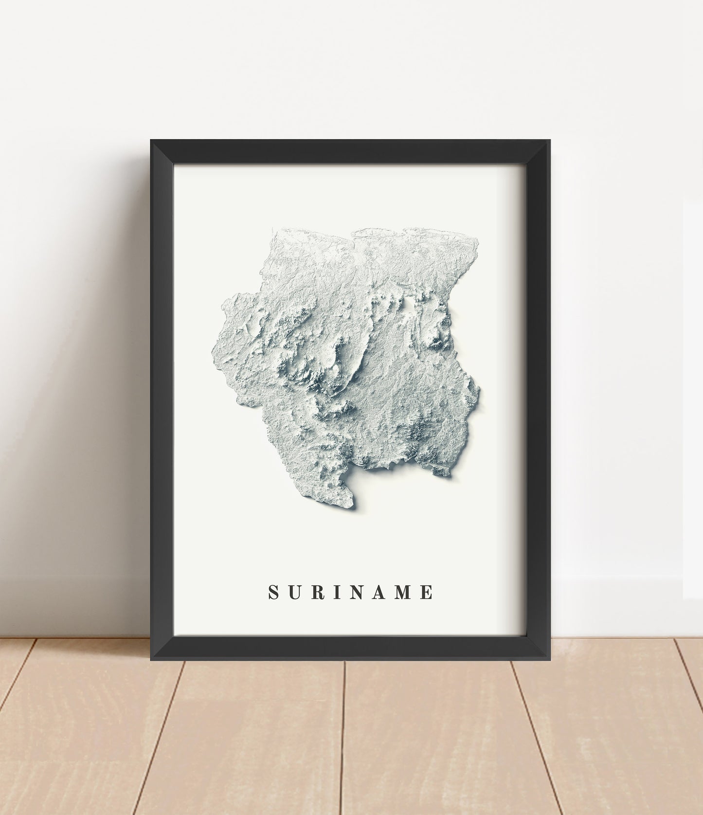 Suriname shaded relief map in black frame. Artistic print with realistic terrain effect for wall decor