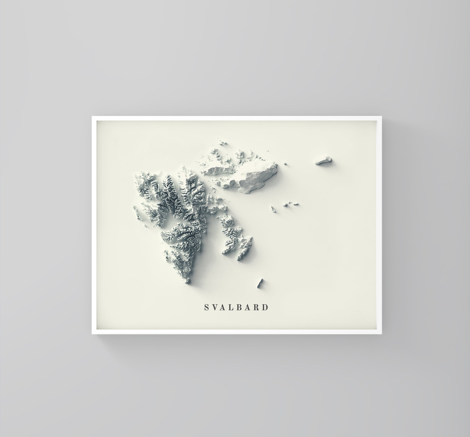 Svalbard, Norway, framed shaded relief map in white frame. Artistic print highlighting mountains with a realistic 3d effect