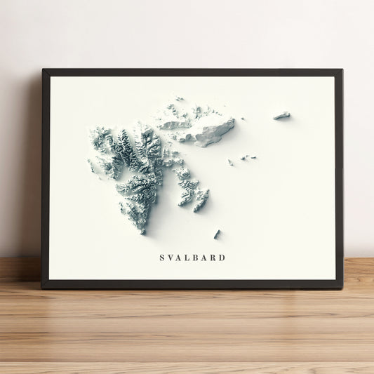 Svalbard, Norway, framed shaded relief map in black frame. Artistic print highlighting mountains with a realistic terrain effect