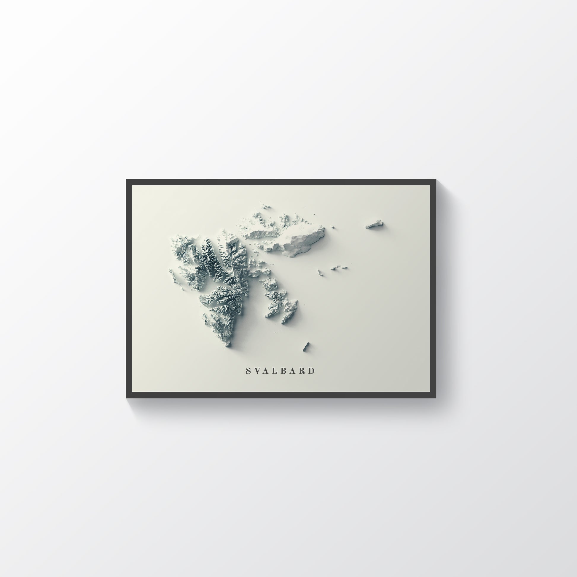Svalbard, Norway, framed shaded relief map in black frame. Artistic print highlighting mountains with a realistic terrain effect