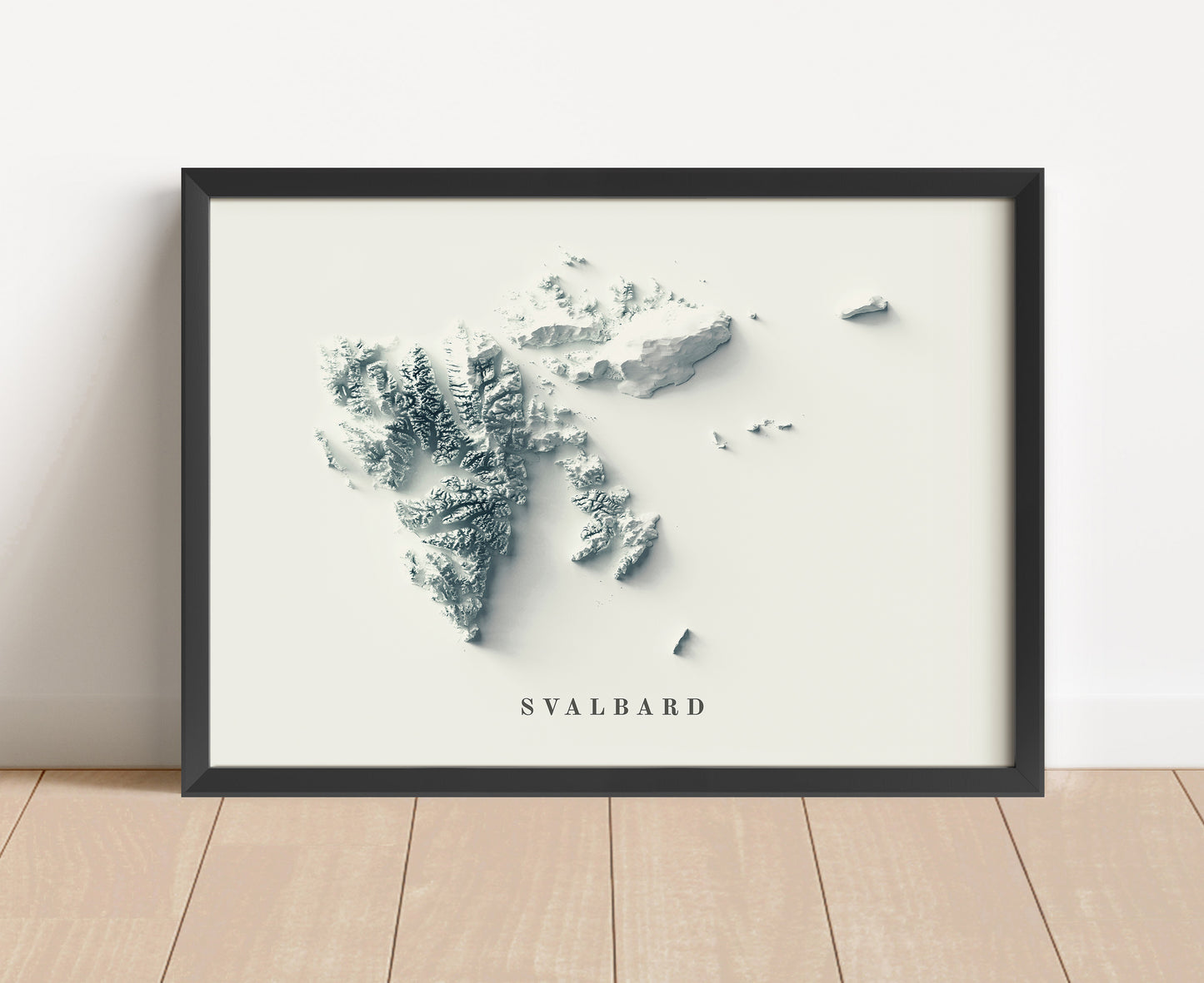 Svalbard shaded relief map in black frame. Artistic print with realistic terrain effect for wall decor