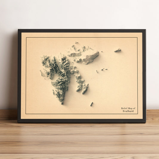 Svalbard, Norway, vintage framed shaded relief map in black frame. Artistic print highlighting mountains with a realistic terrain effect