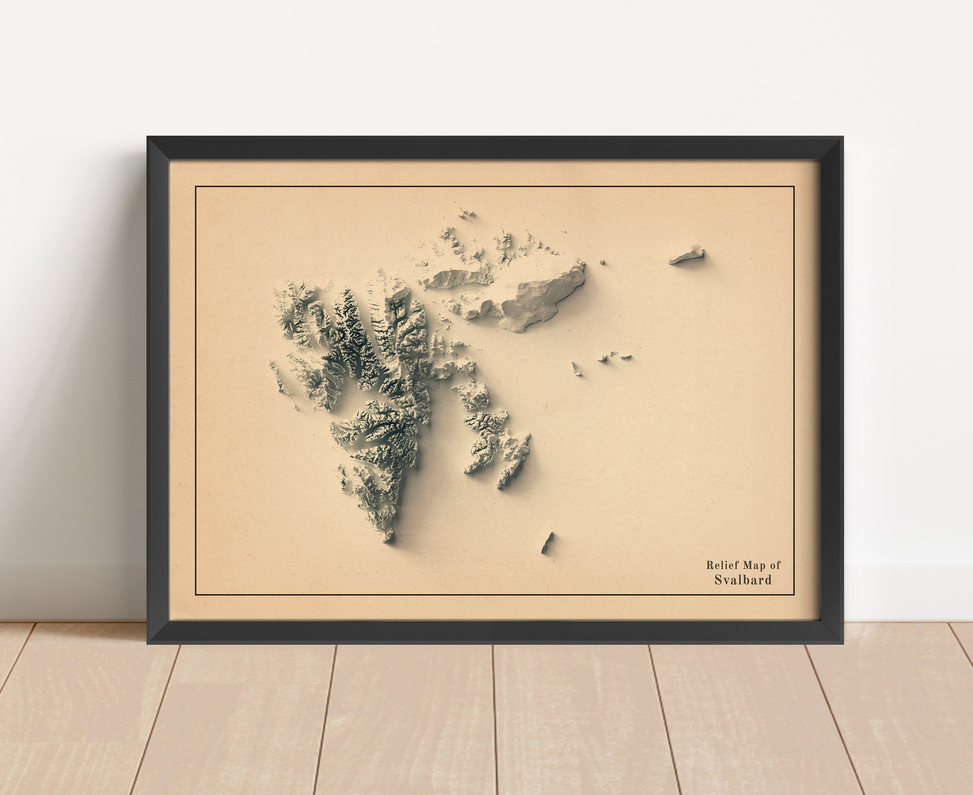 Vintage Svalbard shaded relief map in black frame. Artistic print with realistic terrain effect for wall decor