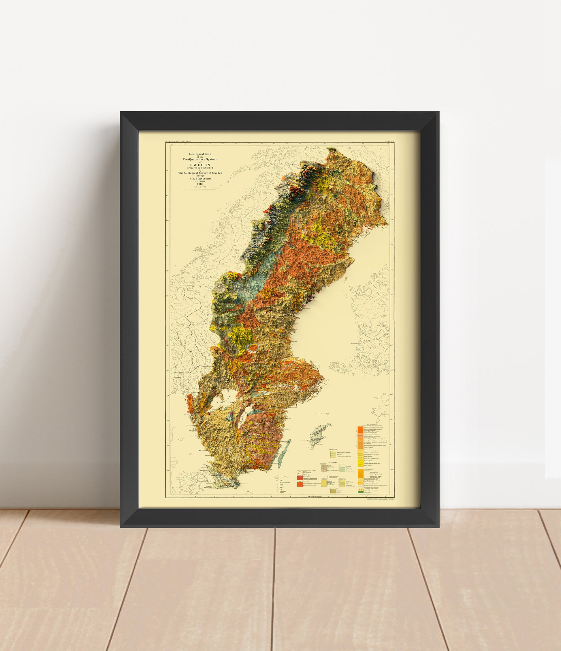 Vintage Sweden shaded relief map in black frame. Artistic print with realistic terrain effect for wall decor