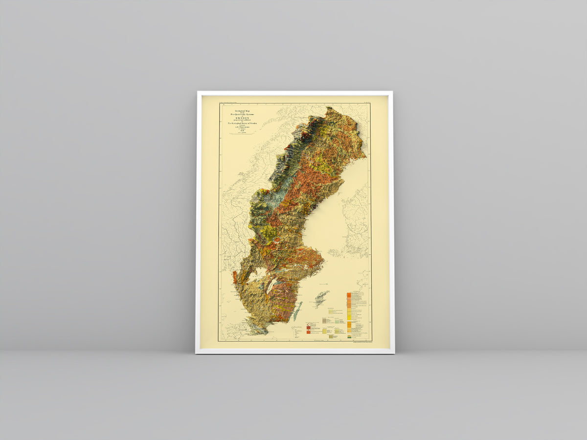Sweden Shaded Relief Map | Vintage Elevation Map Based on 1910 Origina ...