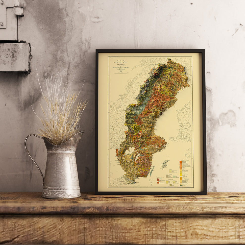 Sweden Shaded Relief Map | Vintage Elevation Map Based on 1910 Origina ...