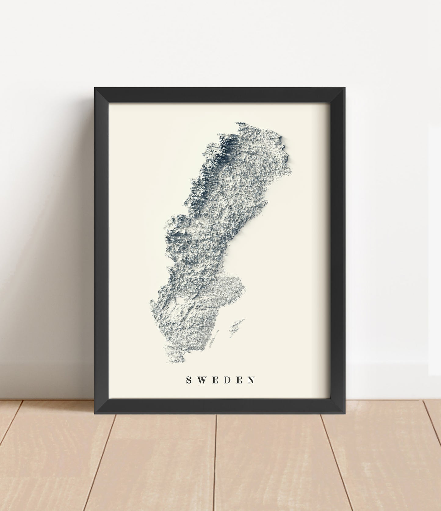 Sweden shaded relief map in black frame. Artistic print with realistic terrain effect for wall decor
