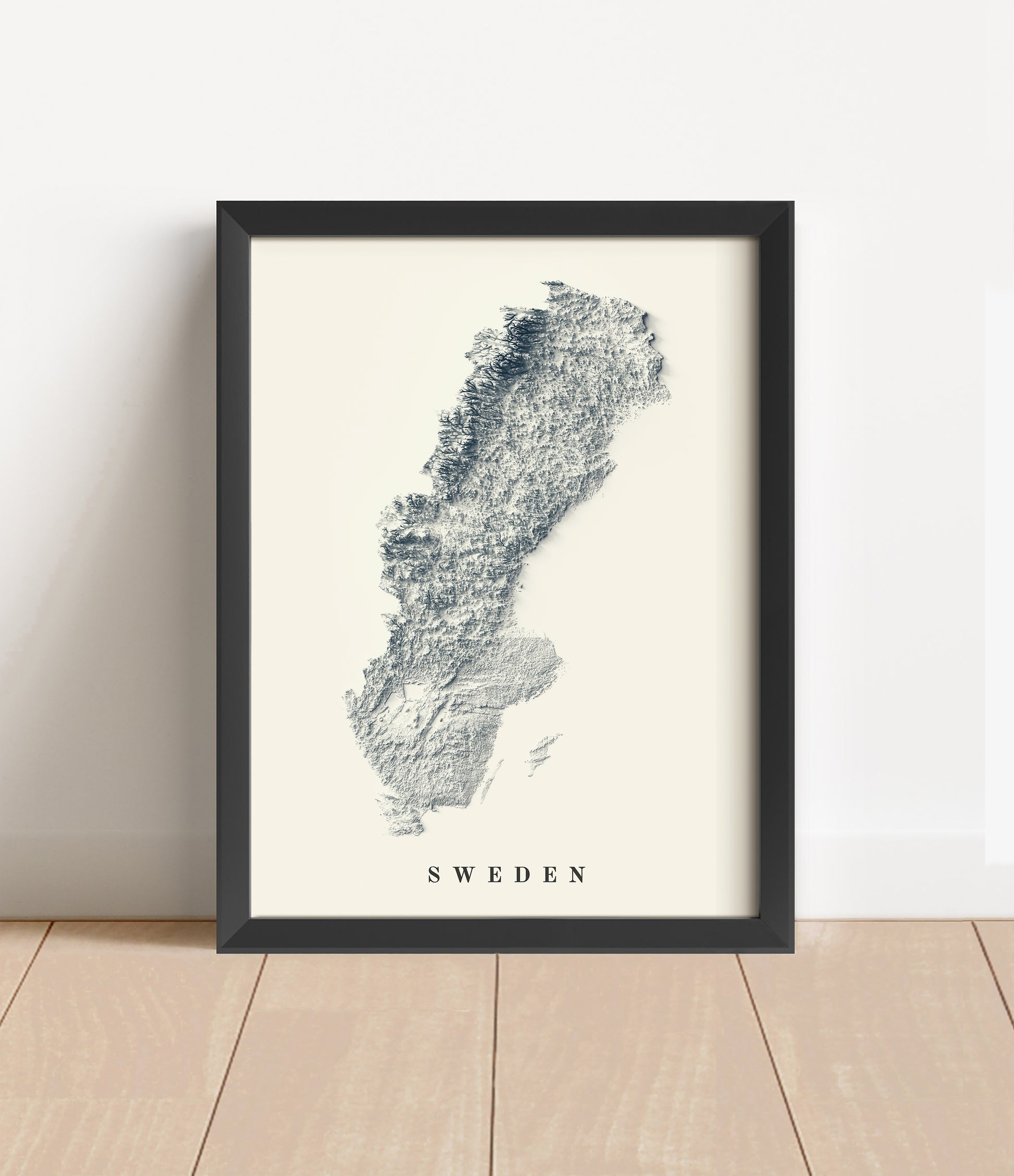 Sweden shaded relief map in black frame. Artistic print with realistic terrain effect for wall decor