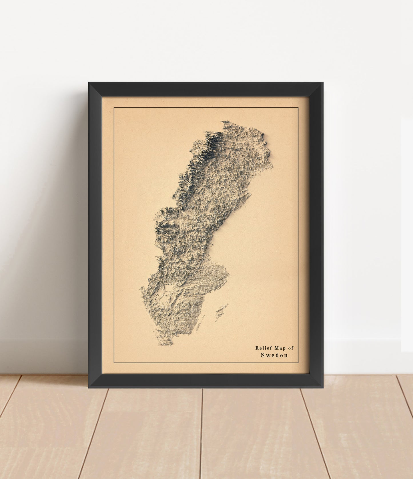 Vintage Sweden shaded relief map in black frame. Artistic print with realistic terrain effect for wall decor
