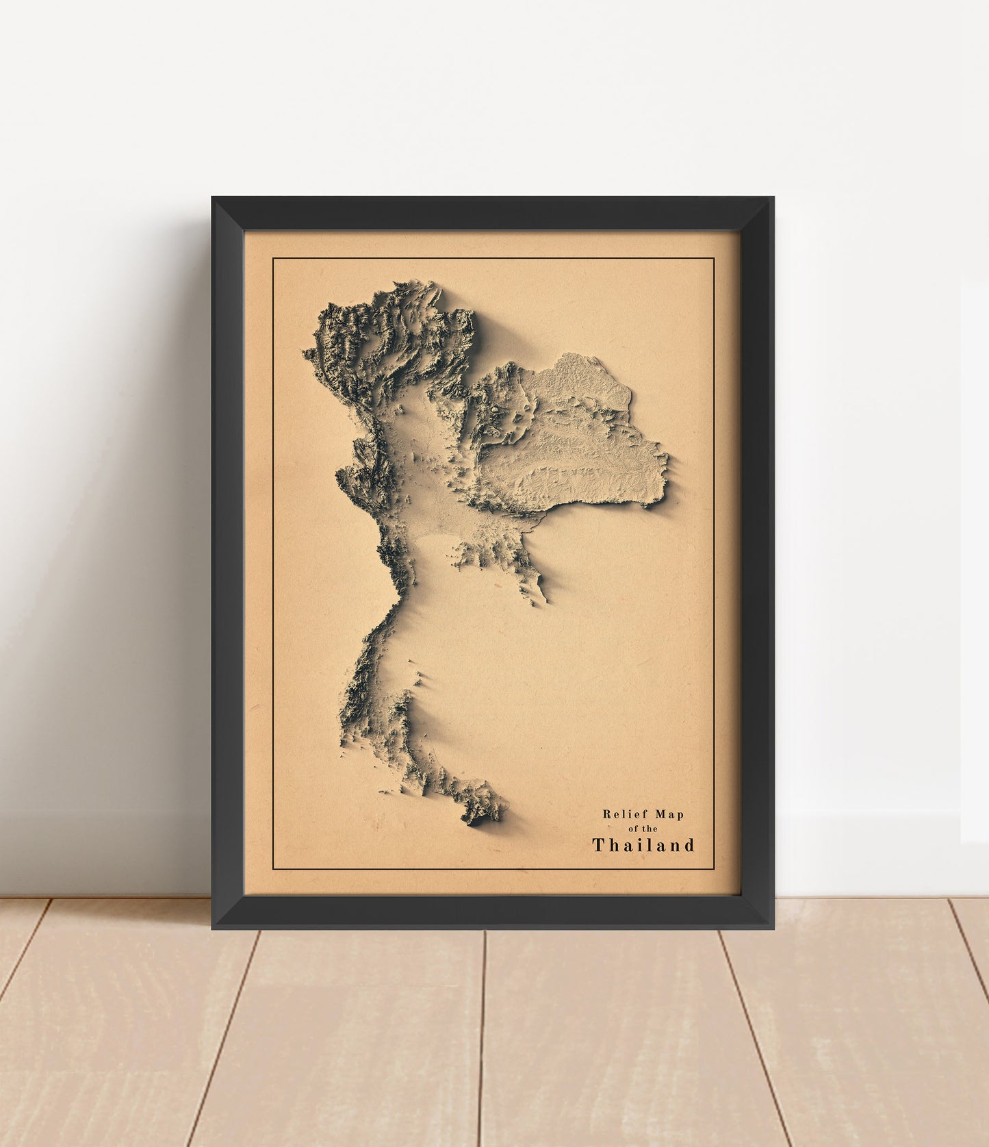 Vintage Thailand shaded relief map in black frame. Artistic print with realistic terrain effect for wall decor