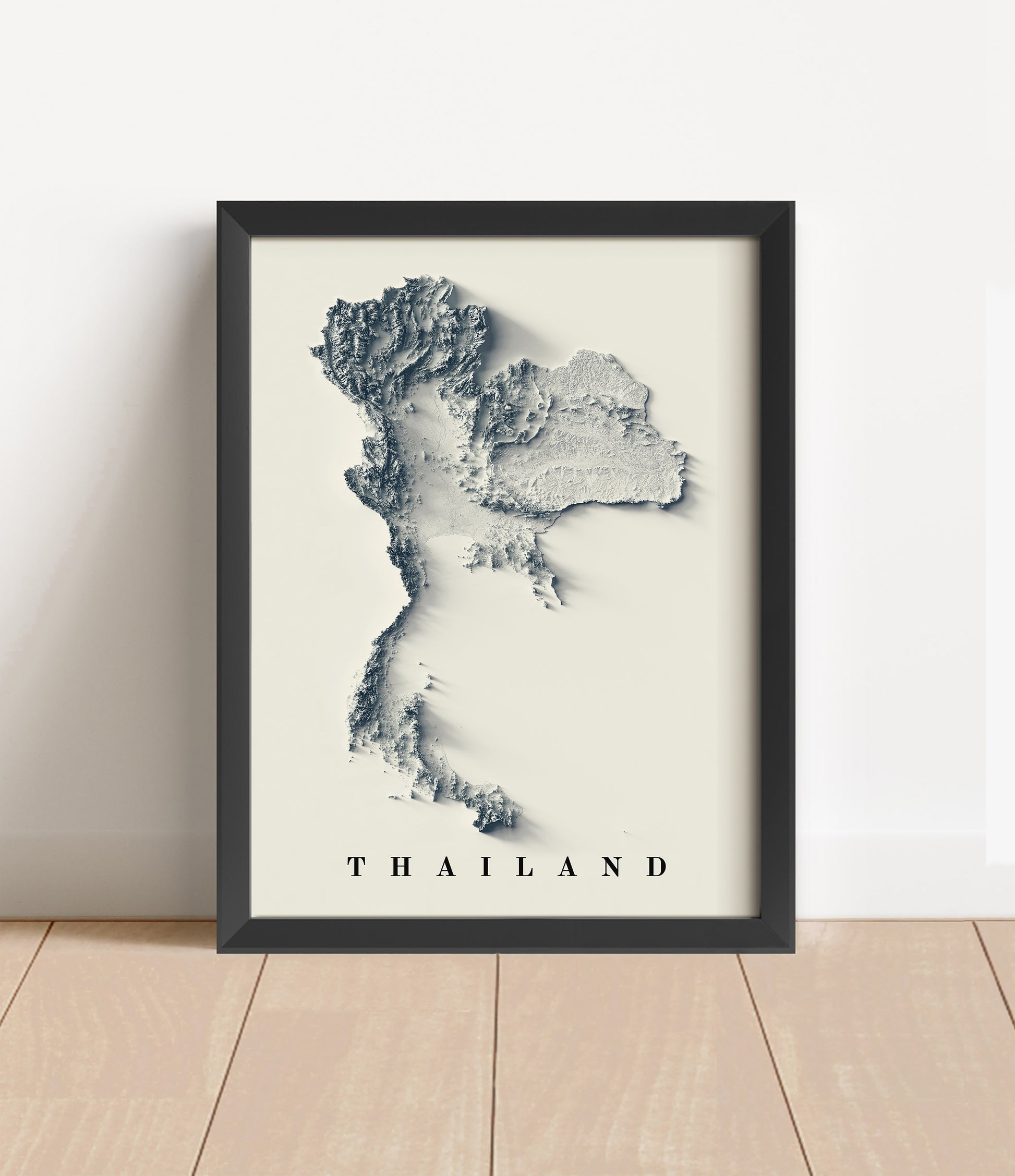 Thailand shaded relief map in black frame. Artistic print with realistic terrain effect for wall decor