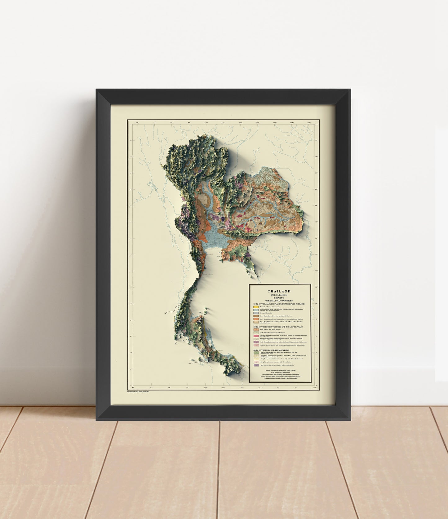 Vintage Thailand shaded relief map in black frame. Artistic print with realistic terrain effect for wall decor