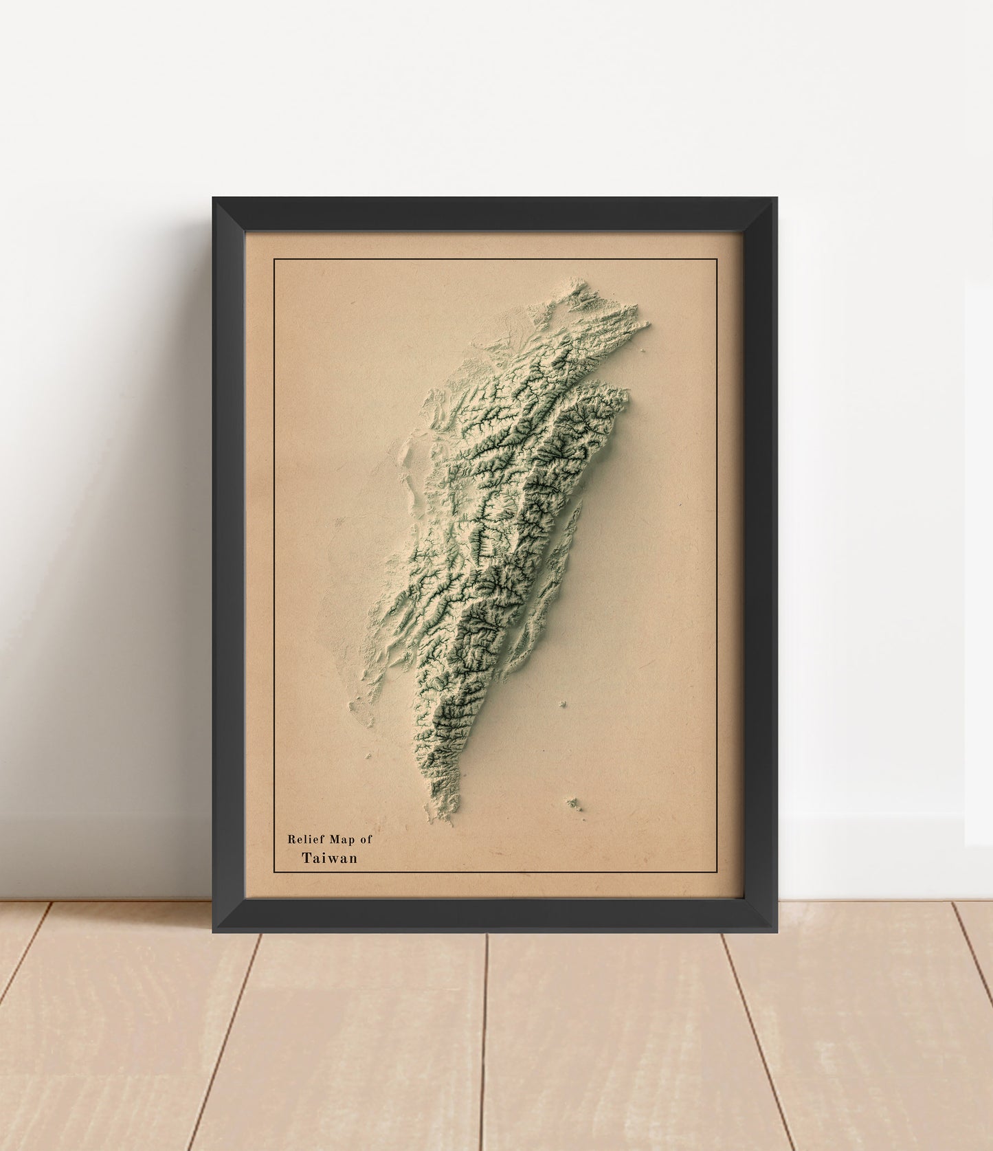 Vintage Taiwan shaded relief map in black frame. Artistic print with realistic terrain effect for wall decor