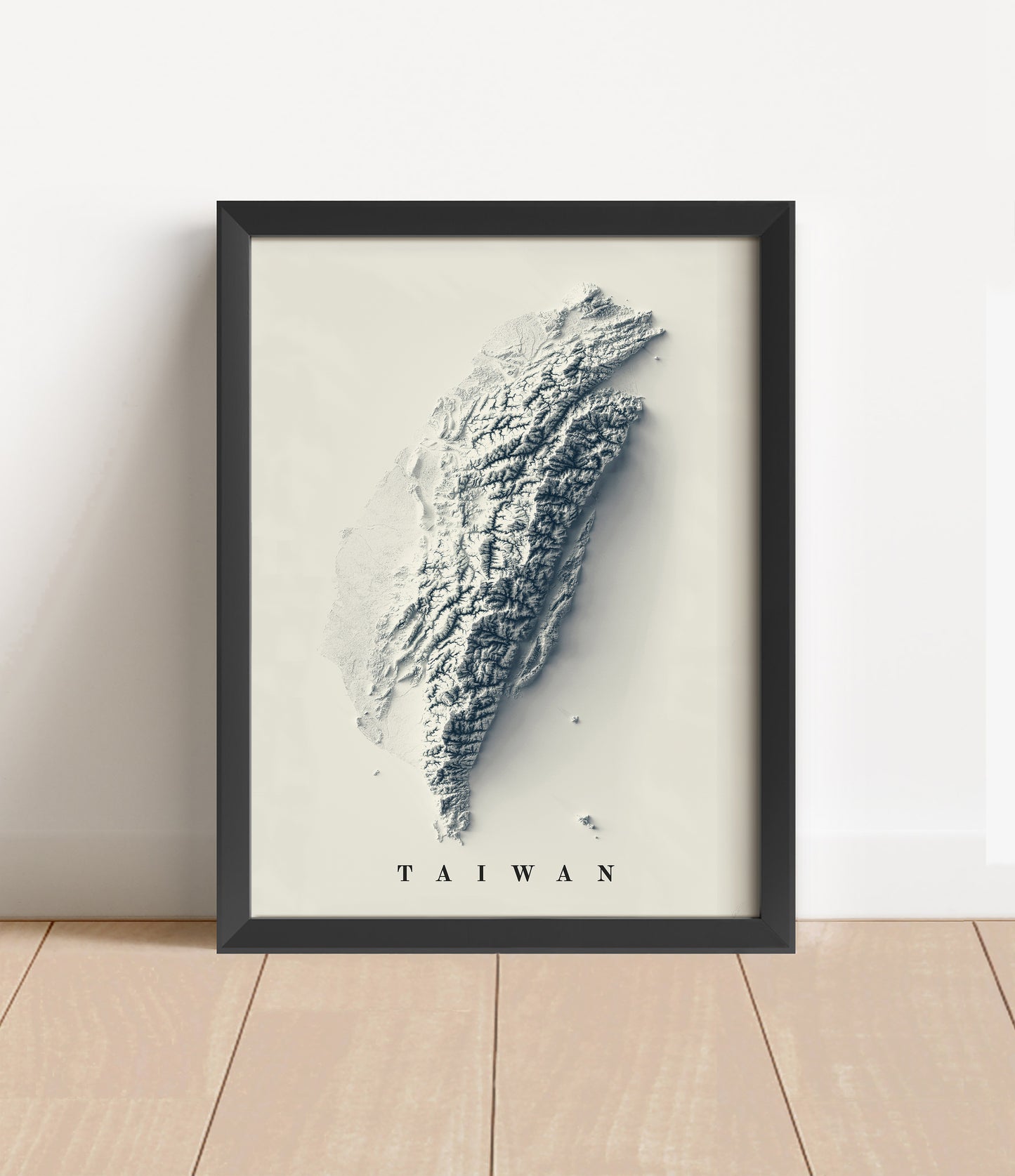 Taiwan shaded relief map in black frame. Artistic print with realistic terrain effect for wall decor