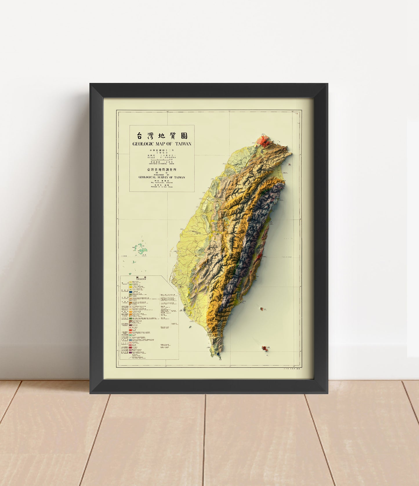 Vintage Taiwan shaded relief map in black frame. Artistic print with realistic terrain effect for wall decor