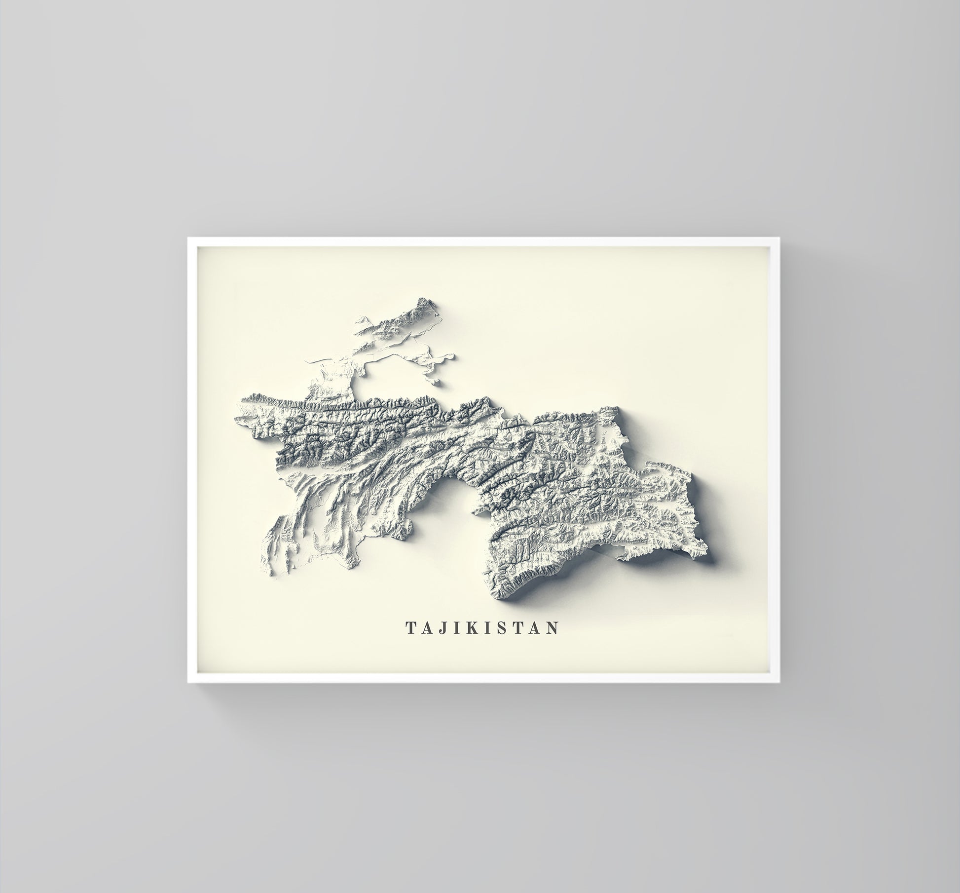Tajikistan framed shaded relief map in white frame. Artistic print highlighting mountains with a realistic 3d effect