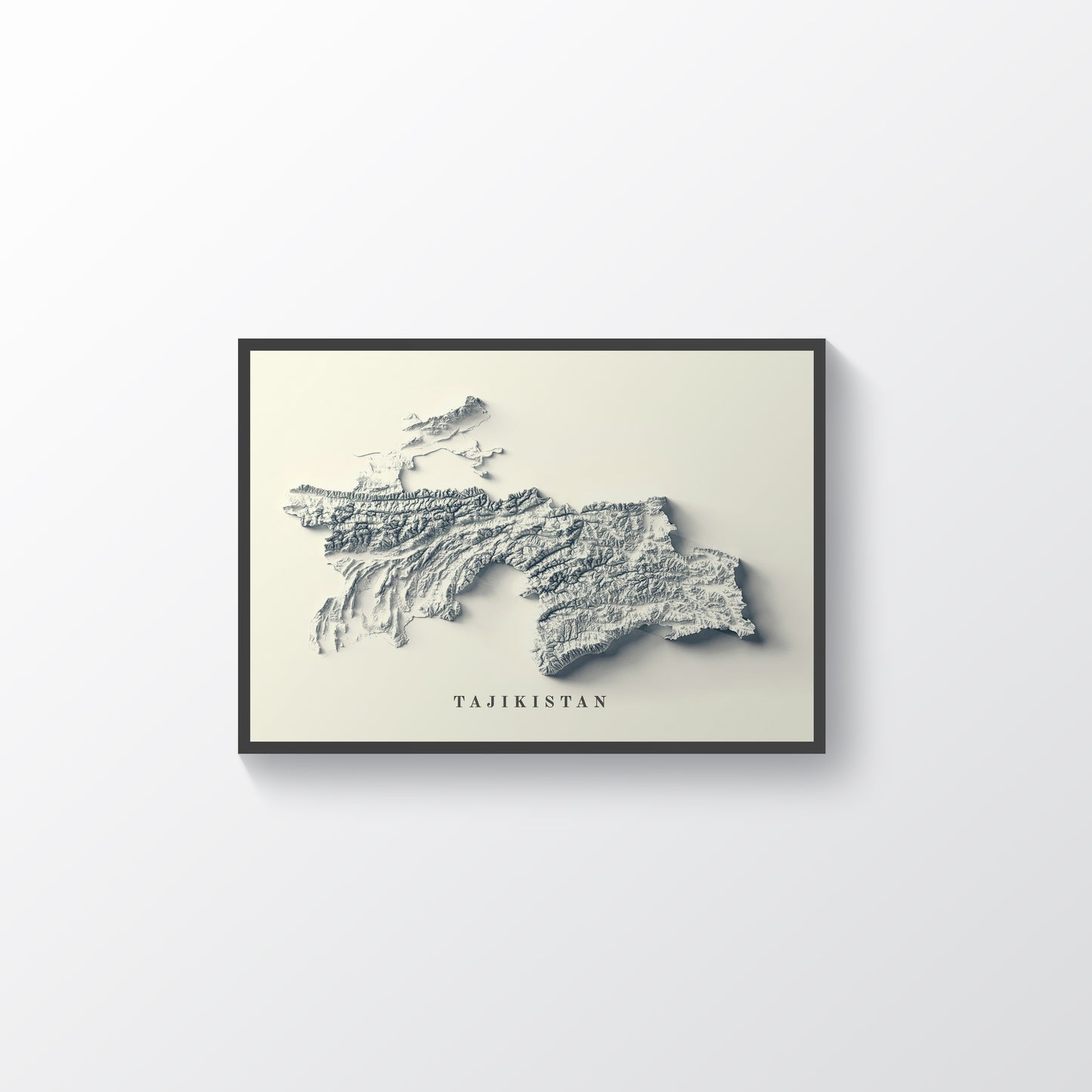 Tajikistan vintage framed shaded relief map in black frame. Artistic print highlighting mountains with a realistic terrain effect