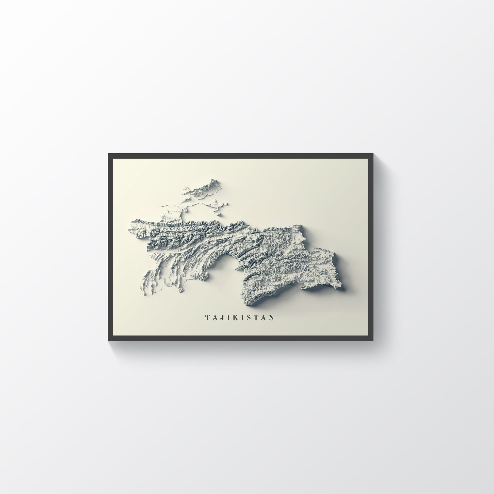 Tajikistan vintage framed shaded relief map in black frame. Artistic print highlighting mountains with a realistic terrain effect