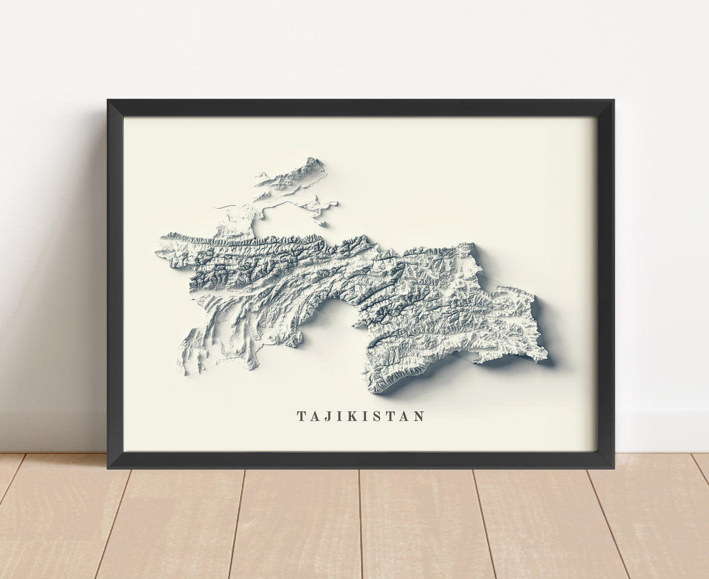 Tajikistan shaded relief map in black frame. Artistic print with realistic terrain effect for wall decor