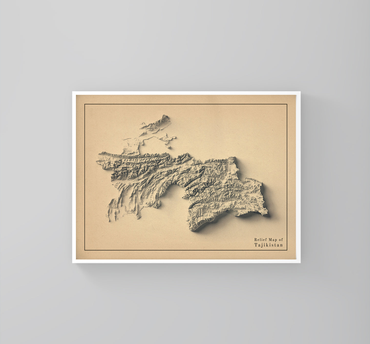 Tajikistan vintage framed shaded relief map in white frame. Artistic print highlighting mountains with a realistic 3d effect