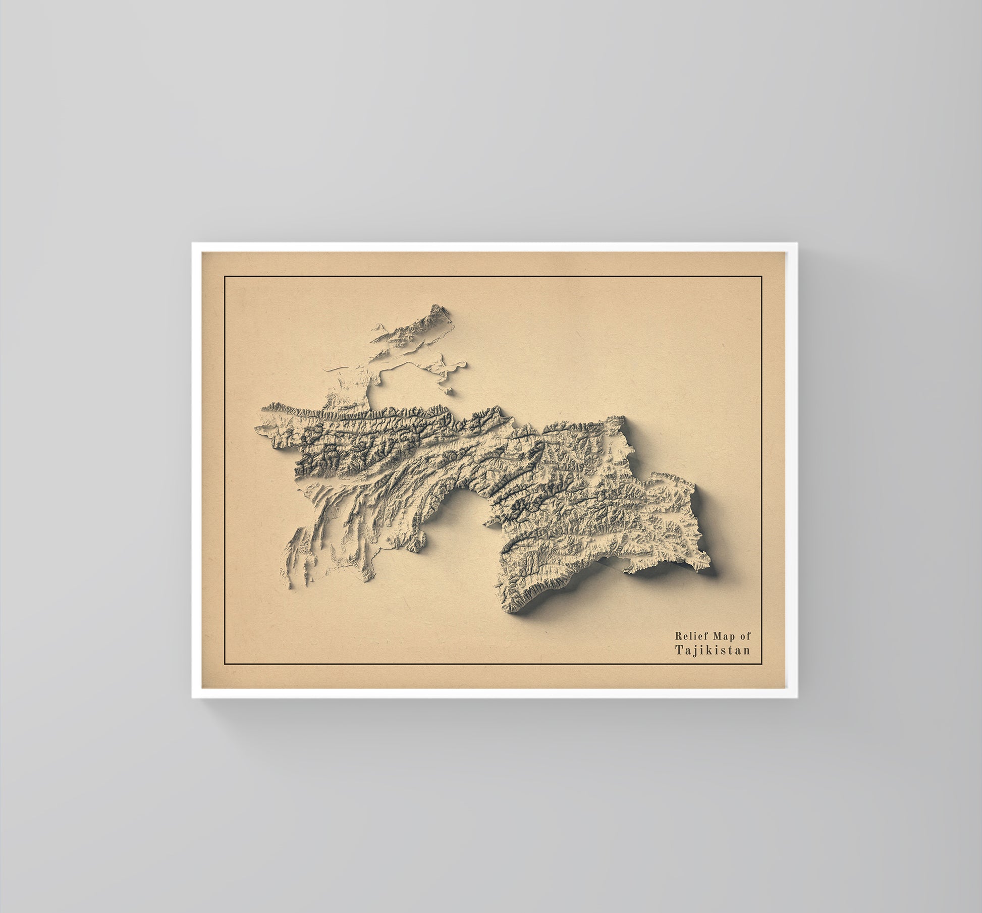 Tajikistan vintage framed shaded relief map in white frame. Artistic print highlighting mountains with a realistic 3d effect