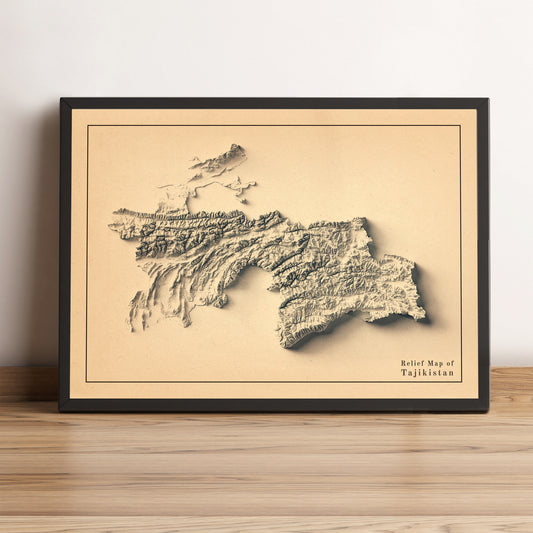 Tajikistan vintage framed shaded relief map in black frame. Artistic print highlighting mountains with a realistic terrain effect