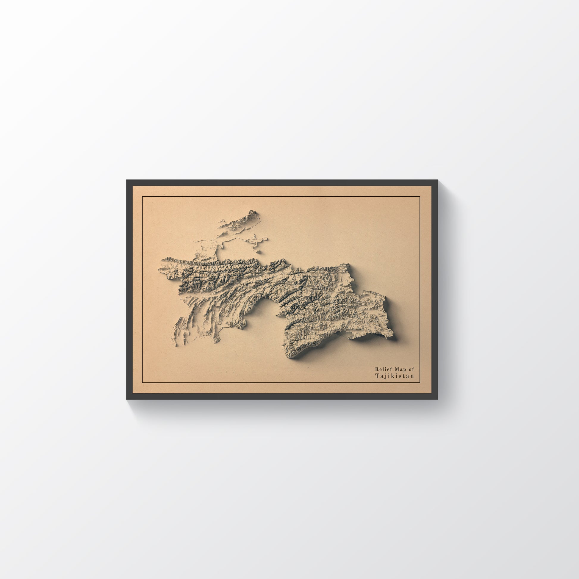 Tajikistan vintage framed shaded relief map in black frame. Artistic print highlighting mountains with a realistic terrain effect