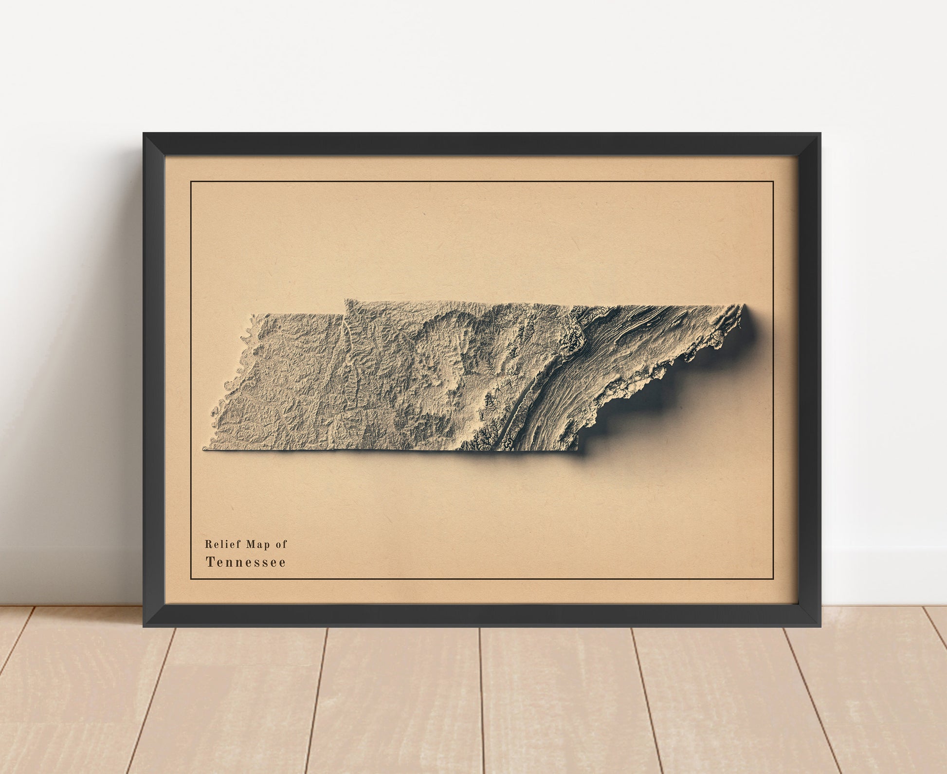 Vintage Tennessee shaded relief map in black frame. Artistic print with realistic terrain effect for wall decor