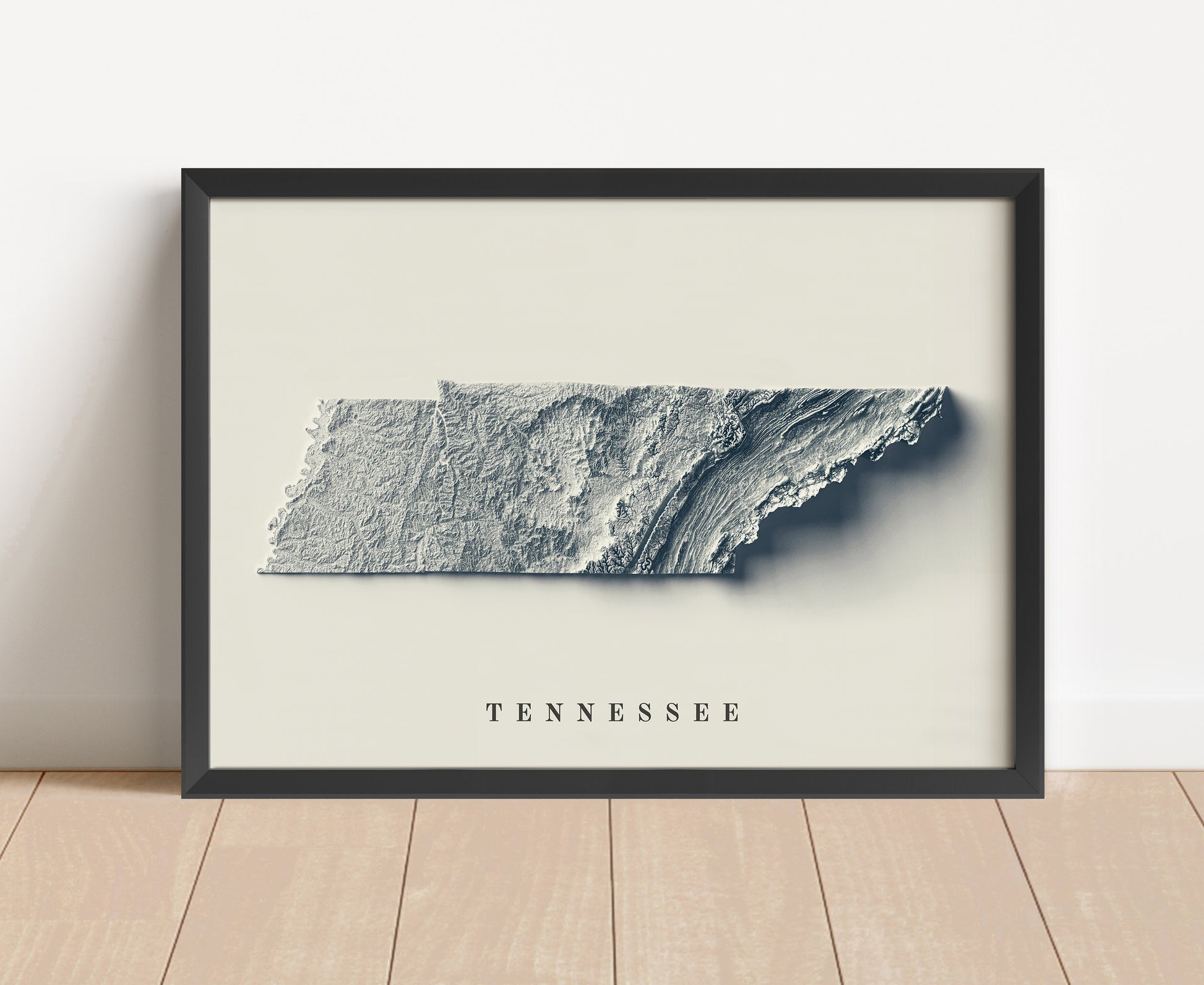 Tennessee shaded relief map in black frame. Artistic print with realistic terrain effect for wall decor