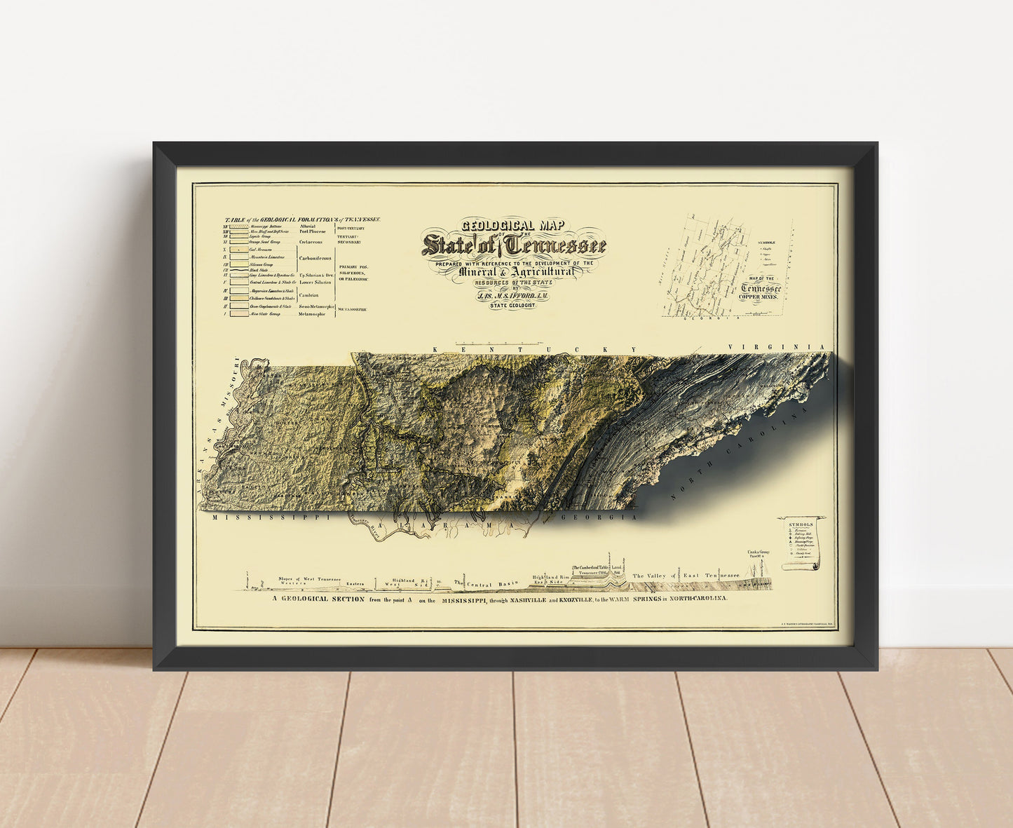 Vintage Tennessee shaded relief map in black frame. Artistic print with realistic terrain effect for wall decor