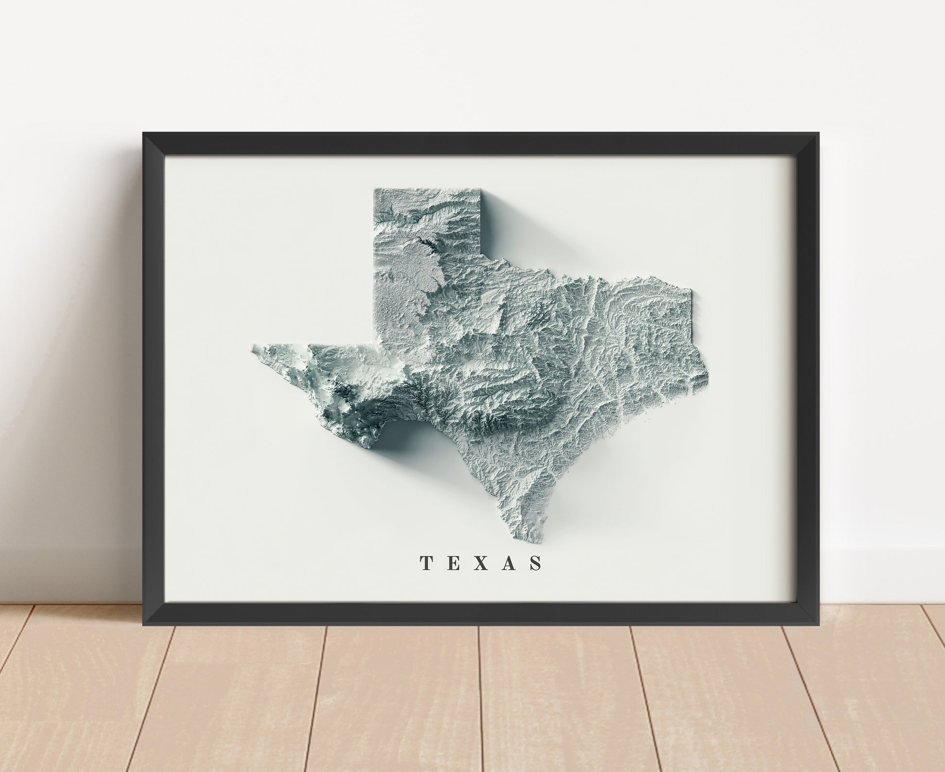 Texas shaded relief map in black frame. Artistic print with realistic terrain effect for wall decor