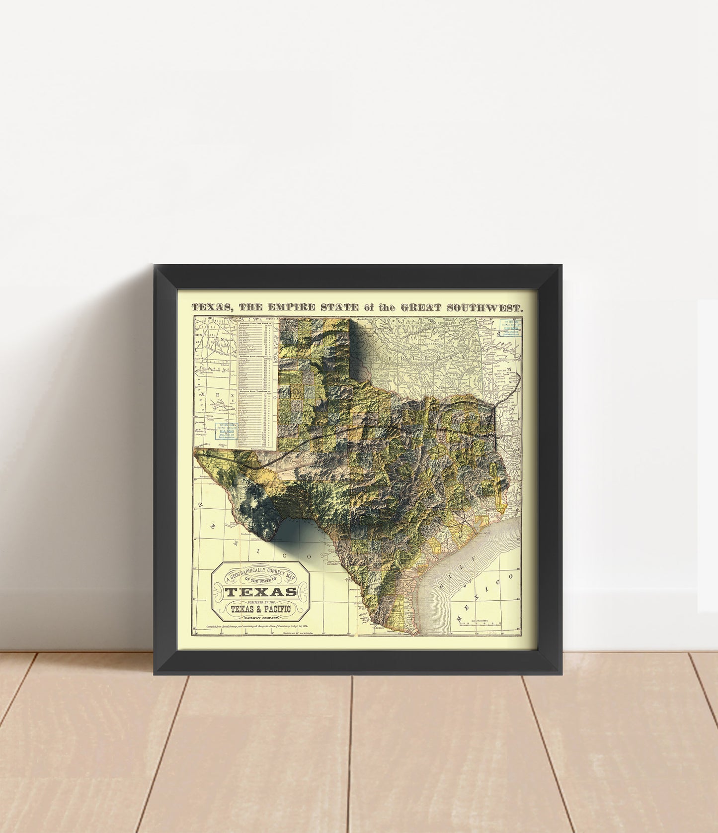 Vintage Texas shaded relief map in black frame. Artistic print with realistic terrain effect for wall decor