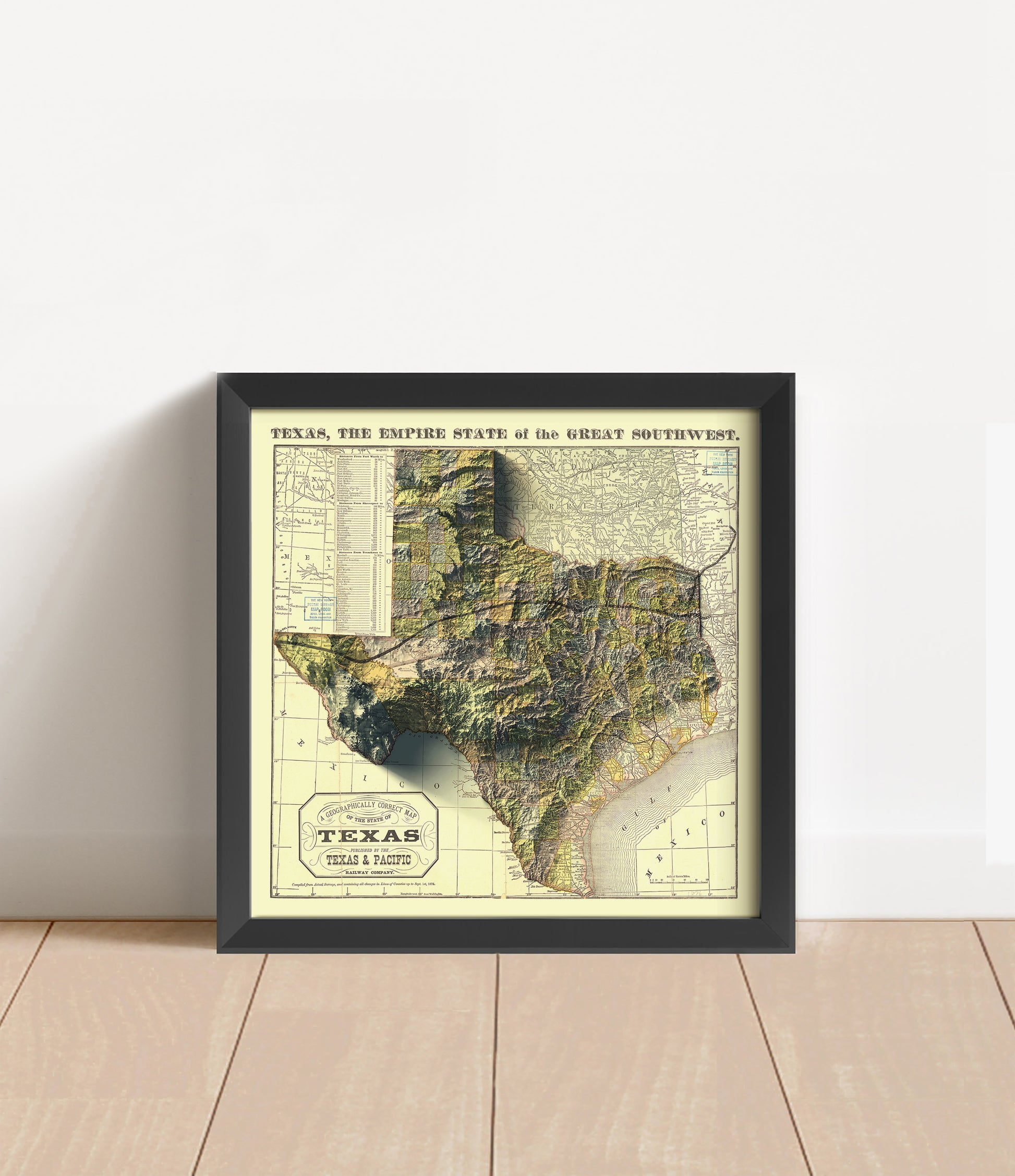 Vintage Texas shaded relief map in black frame. Artistic print with realistic terrain effect for wall decor