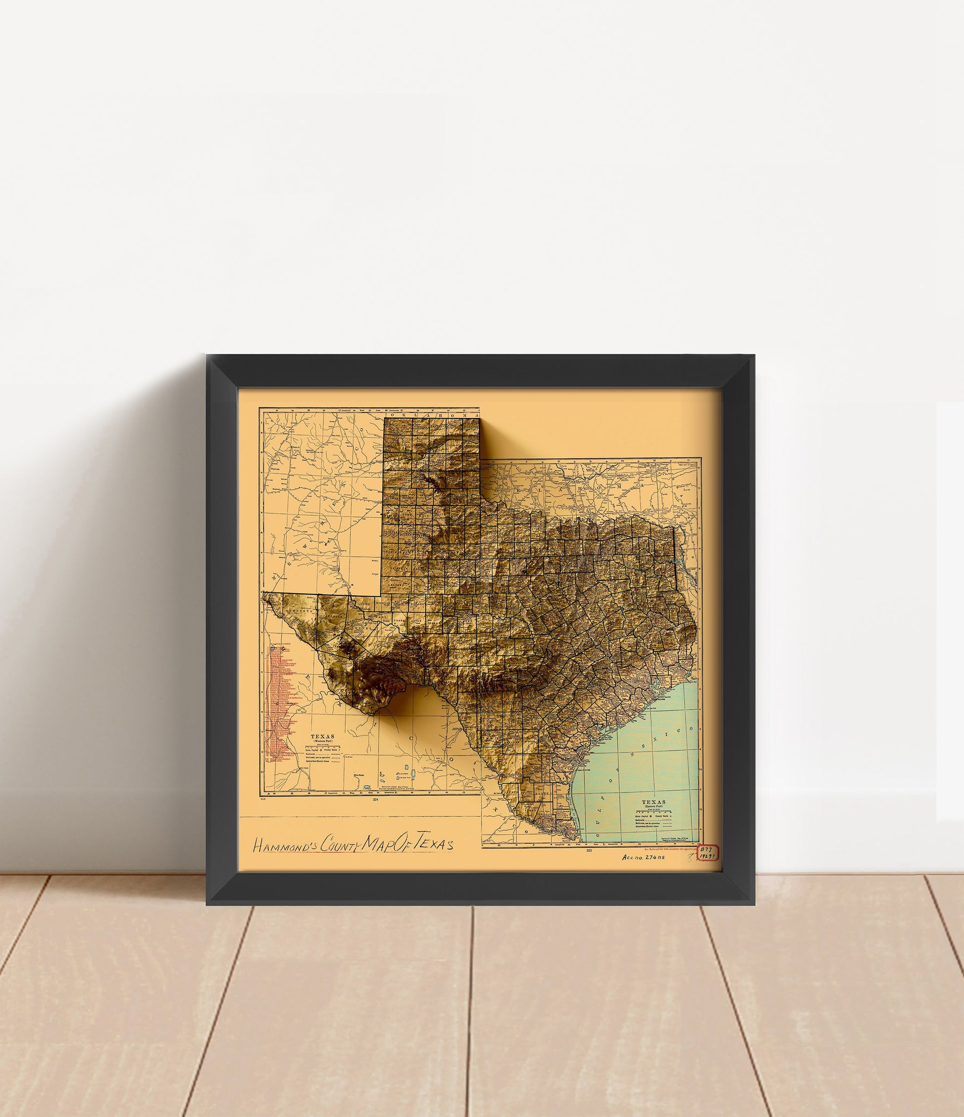Vintage Texas shaded relief map in black frame. Artistic print with realistic terrain effect for wall decor