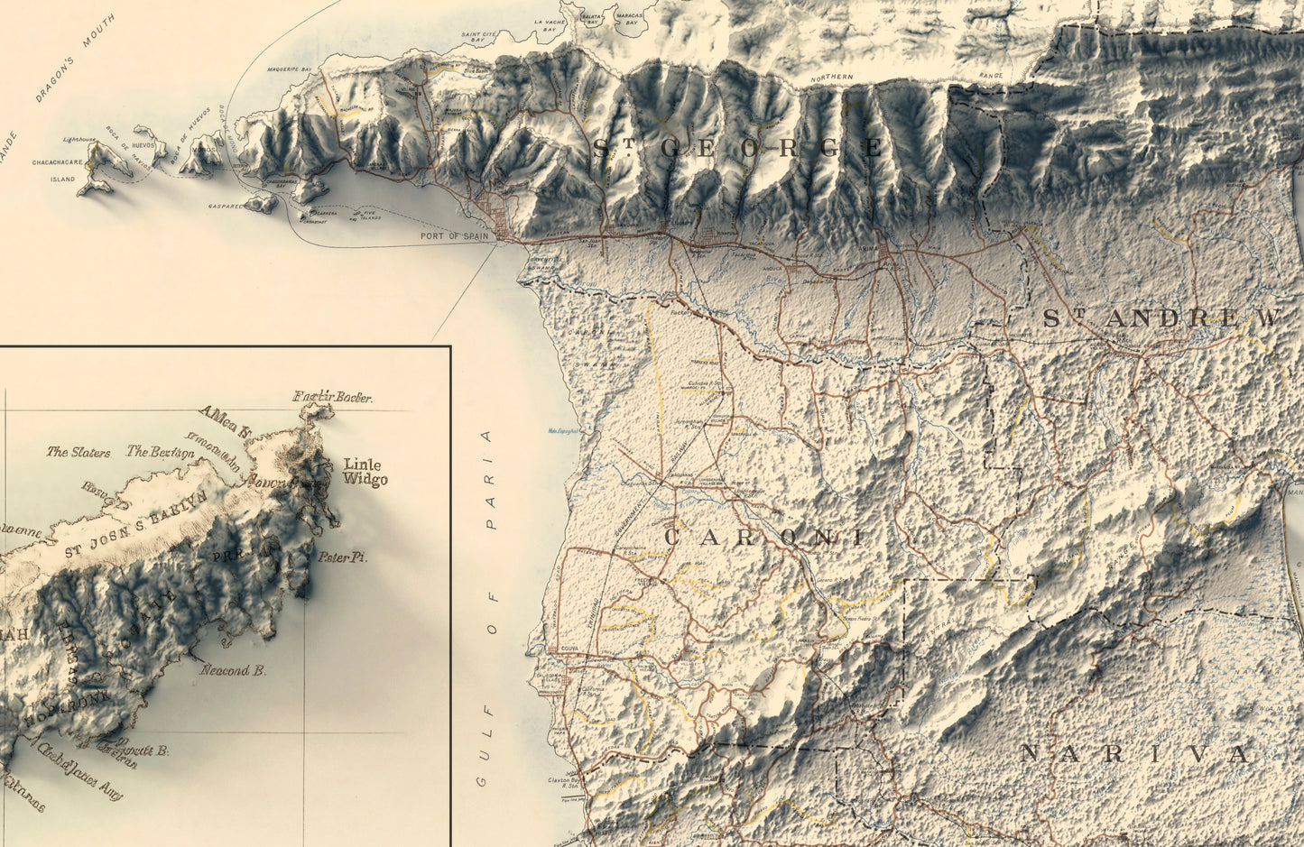 Detailed close-up of a vintage Trinidad and Tobago relief map, showcasing textured topography and geographic contours