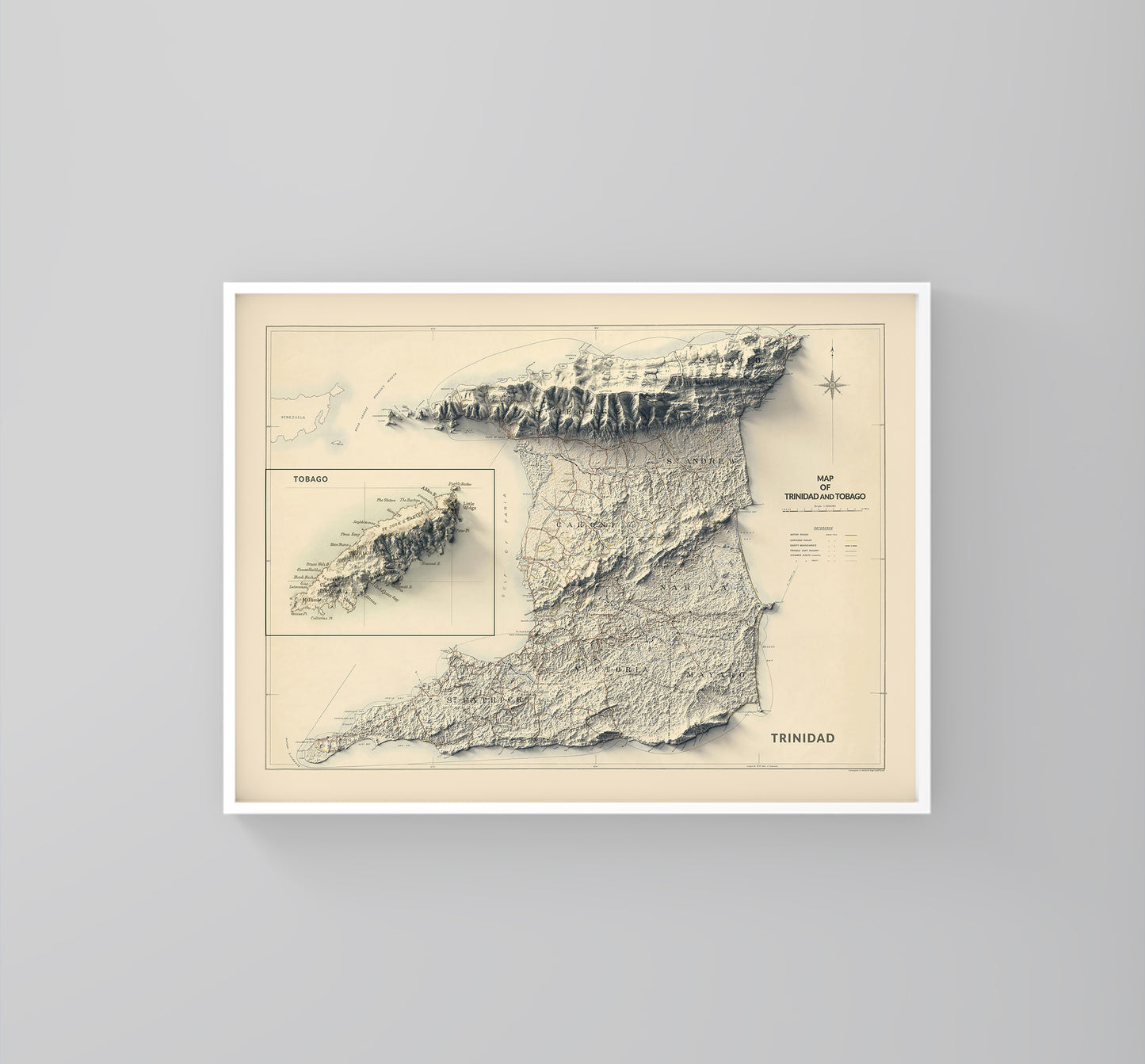 Trinidad and Tobago vintage framed shaded relief map in white frame. Artistic print highlighting mountains with a realistic 3d effect