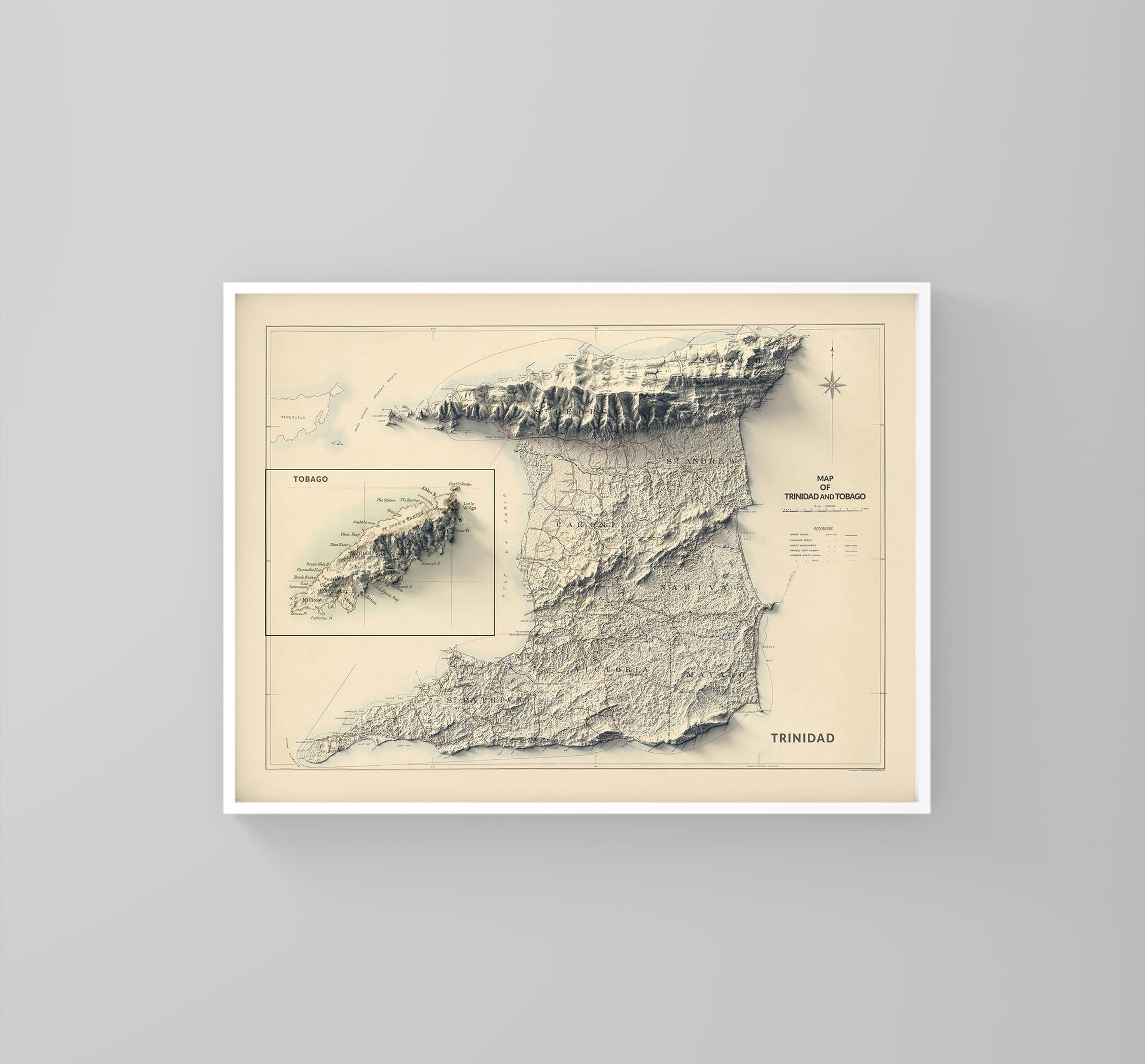 Trinidad and Tobago vintage framed shaded relief map in white frame. Artistic print highlighting mountains with a realistic 3d effect