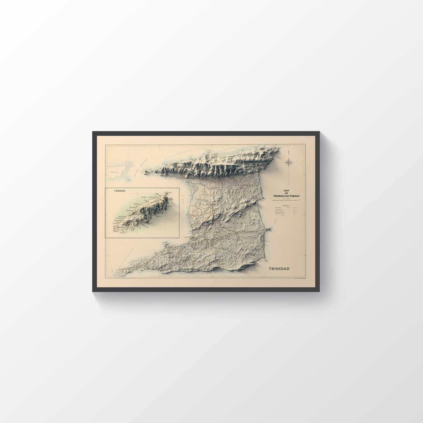 Trinidad and Tobago vintage framed shaded relief map in black frame. Artistic print highlighting mountains with a realistic terrain effect