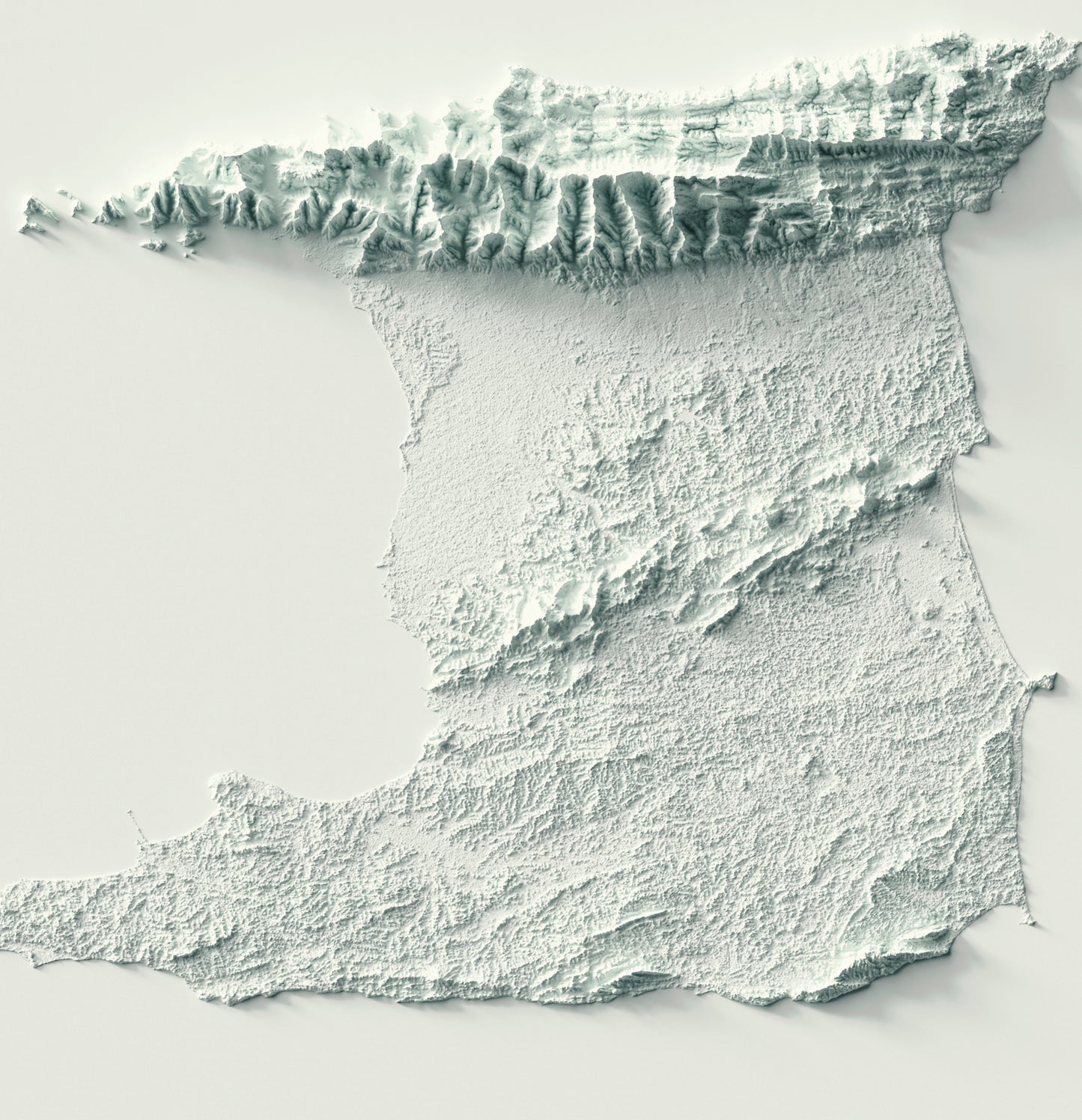 Detailed close-up of a Trinidad and Tobago relief map, showcasing textured topography and geographic contours
