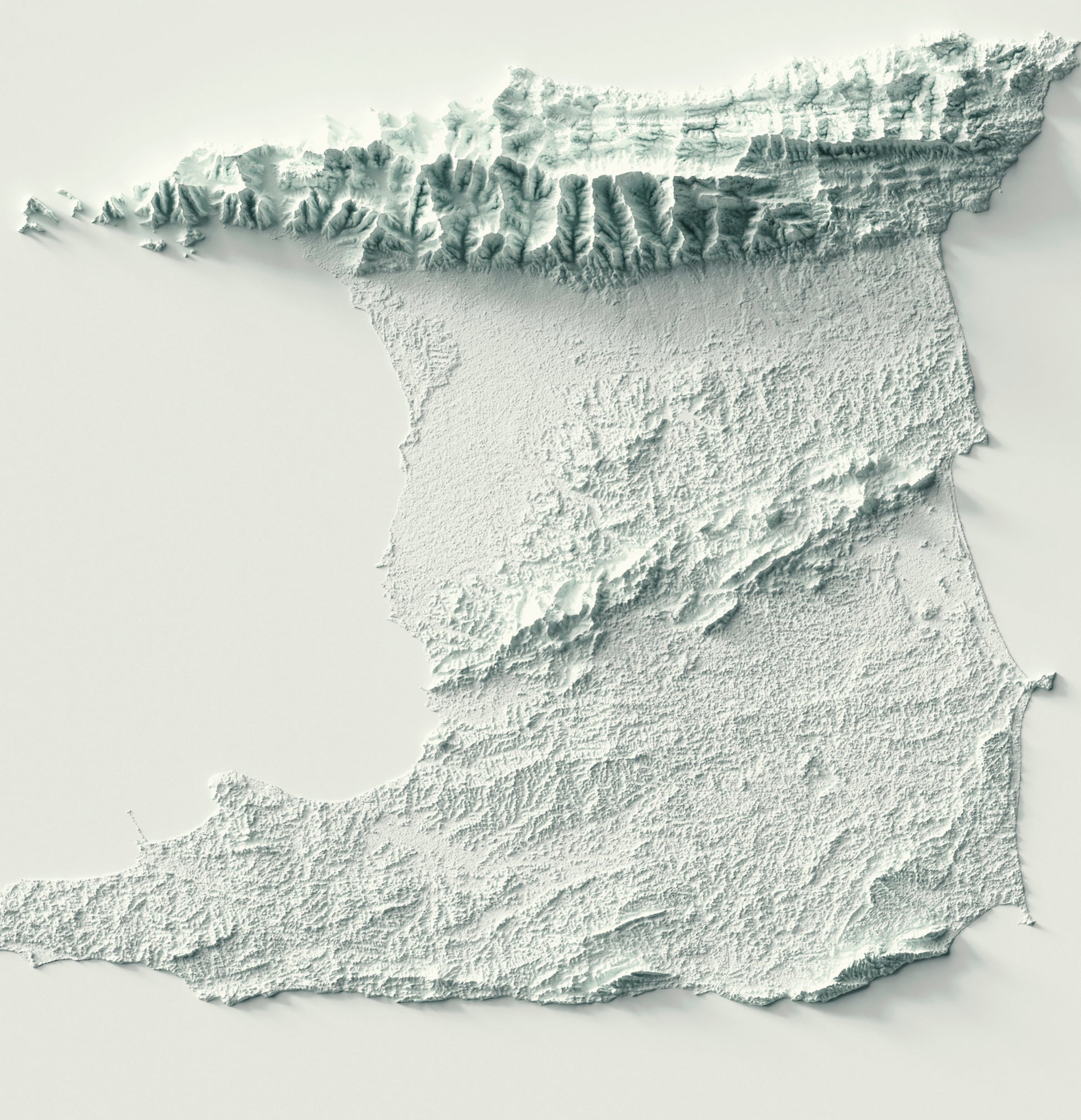 Detailed close-up of a Trinidad and Tobago relief map, showcasing textured topography and geographic contours