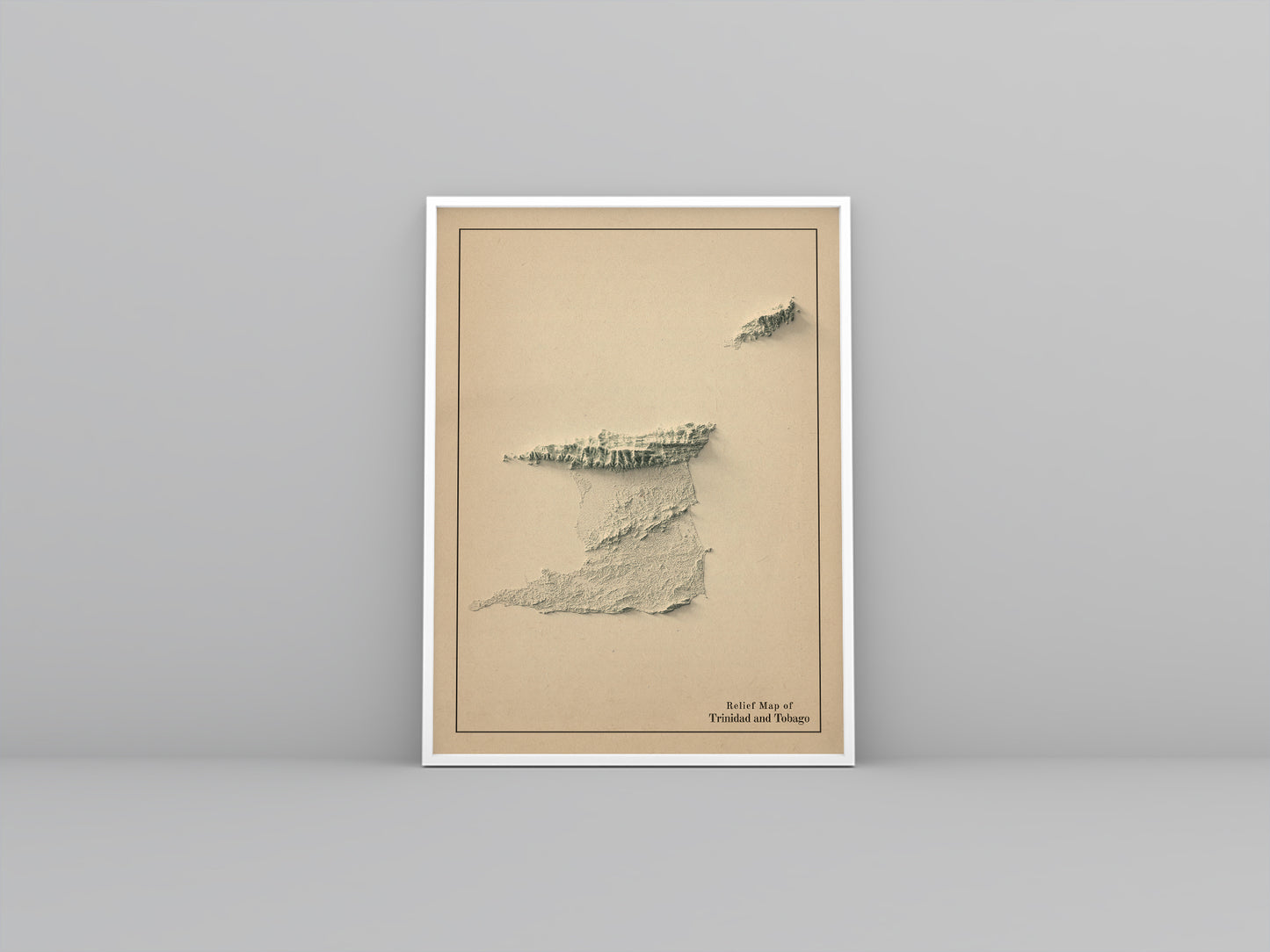 Trinidad and Tobago vintage framed shaded relief map in white frame. Artistic print highlighting mountains with a realistic 3d effect