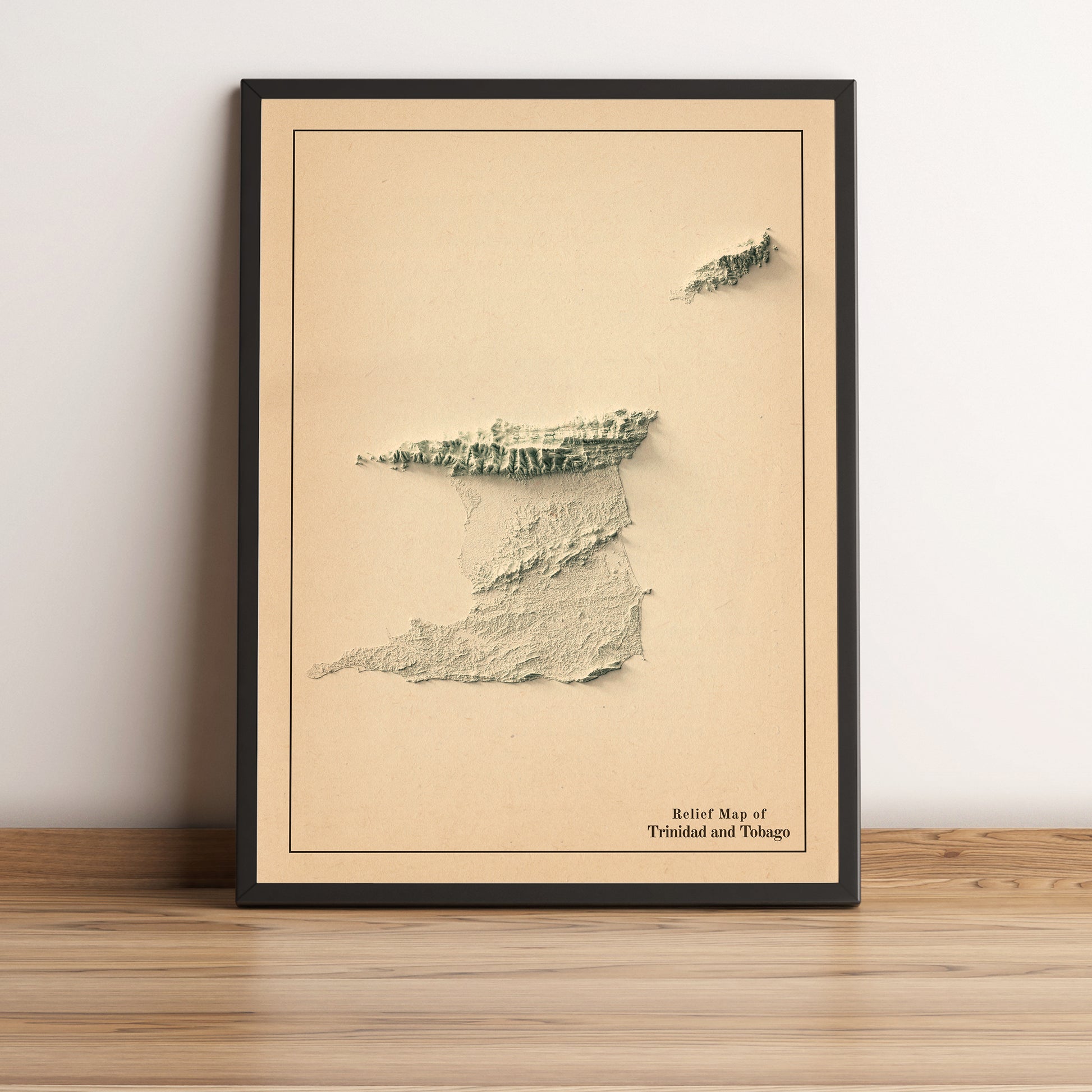 Trinidad and Tobago vintage framed shaded relief map in black frame. Artistic print highlighting mountains with a realistic terrain effect