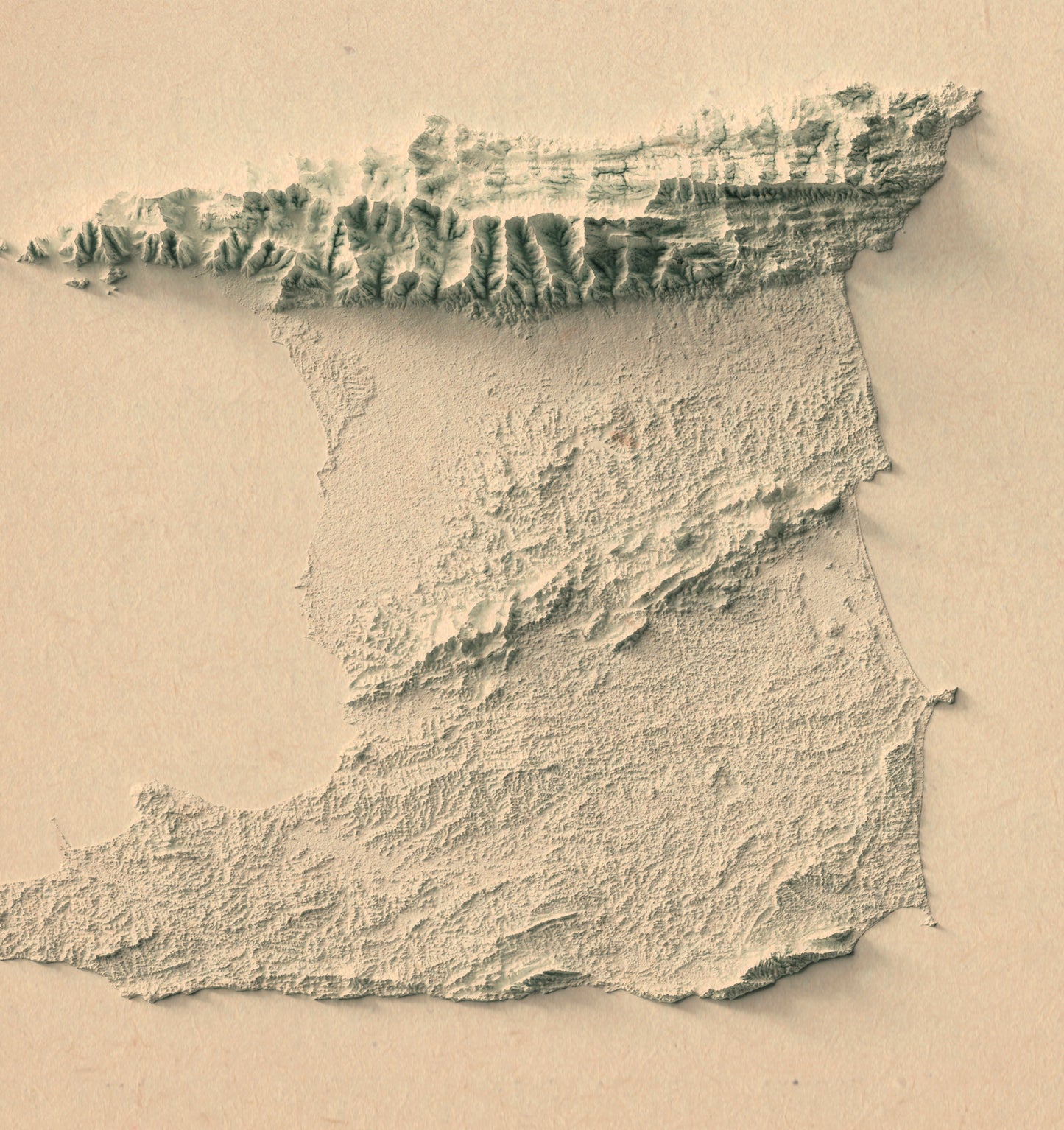 Detailed close-up of a vintage Trinidad and Tobago relief map, showcasing textured topography and geographic contours