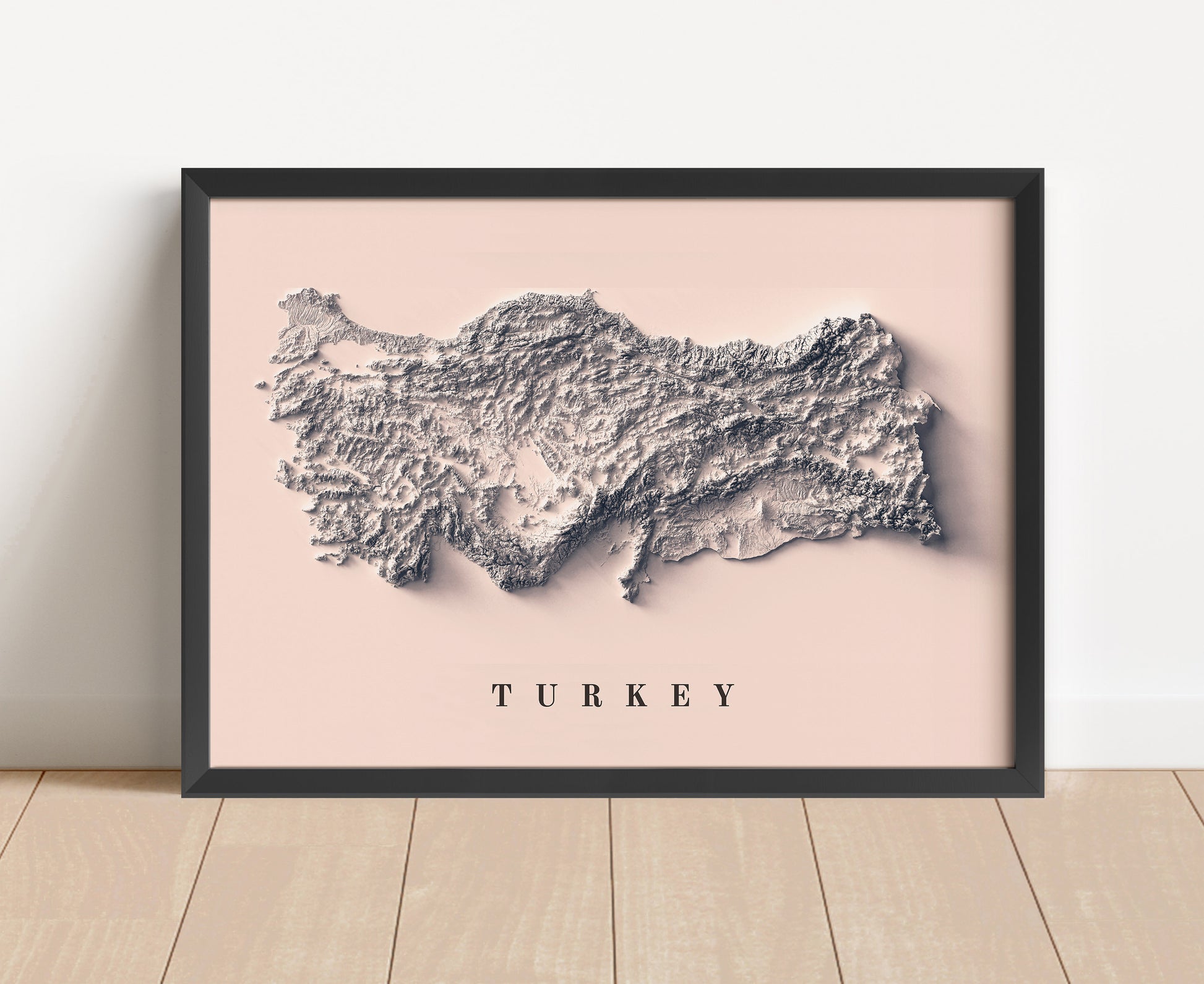 Turkey shaded relief map in black frame. Artistic print with realistic terrain effect for wall decor