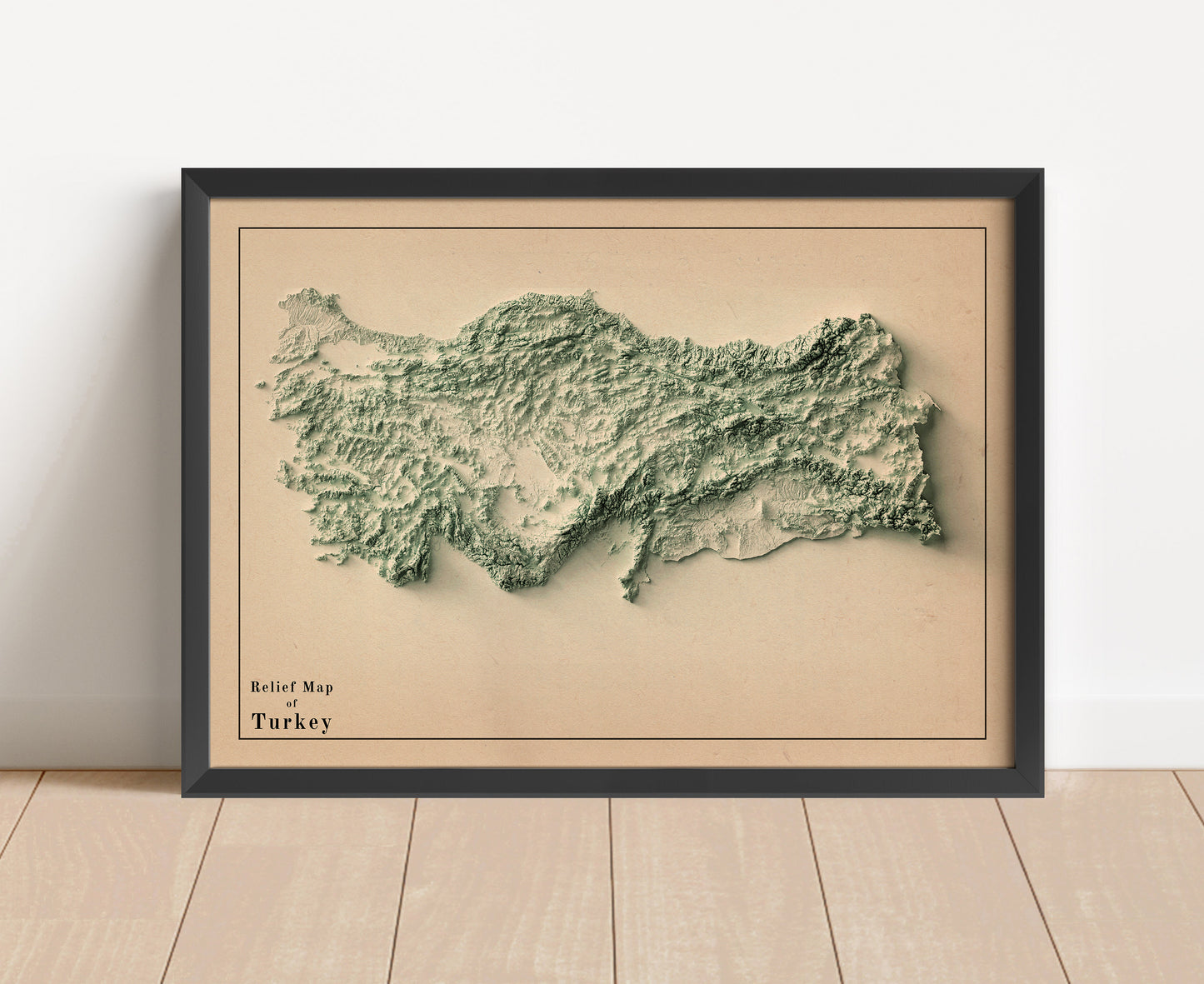 Vintage Turkey shaded relief map in black frame. Artistic print with realistic terrain effect for wall decor