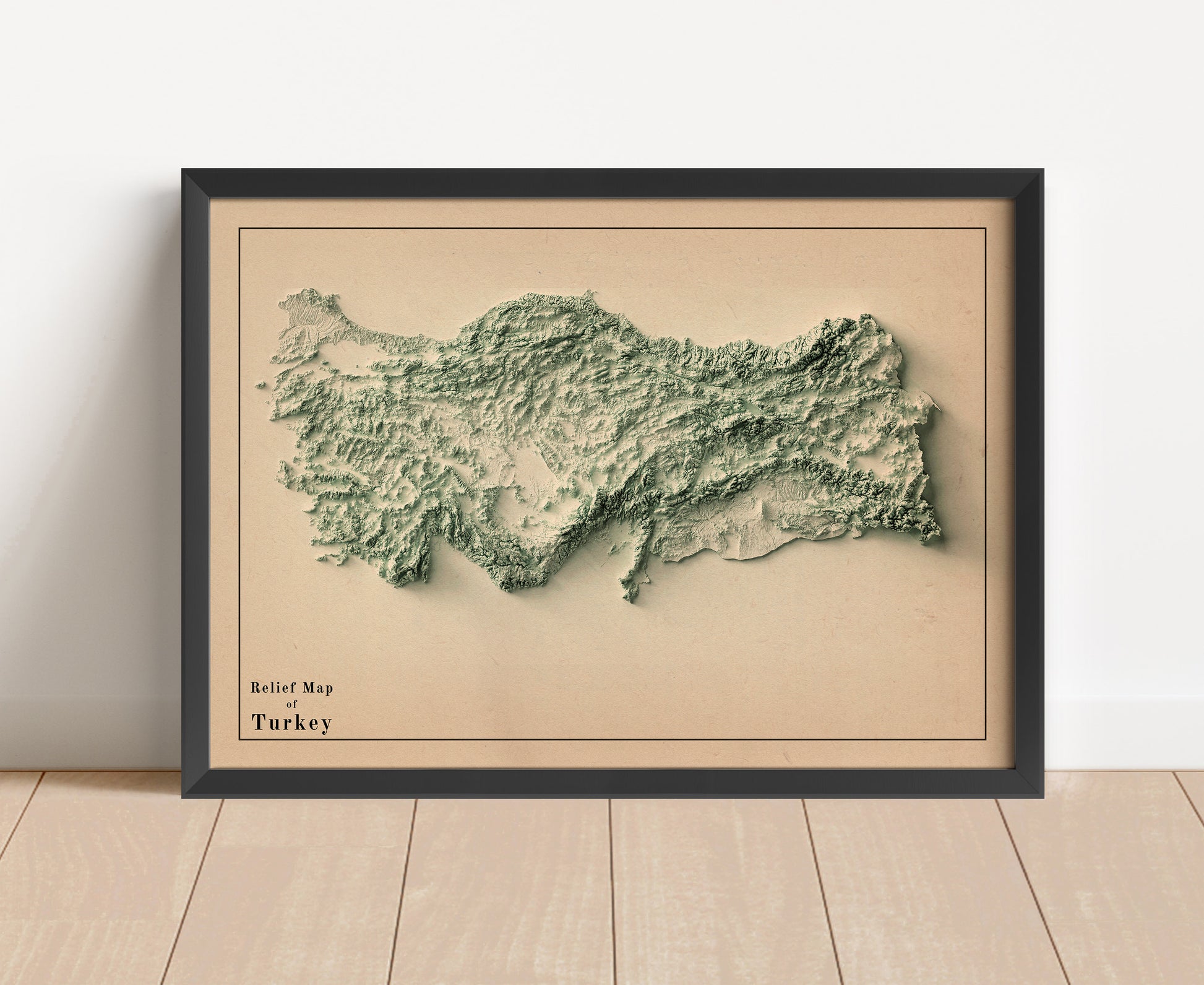Vintage Turkey shaded relief map in black frame. Artistic print with realistic terrain effect for wall decor