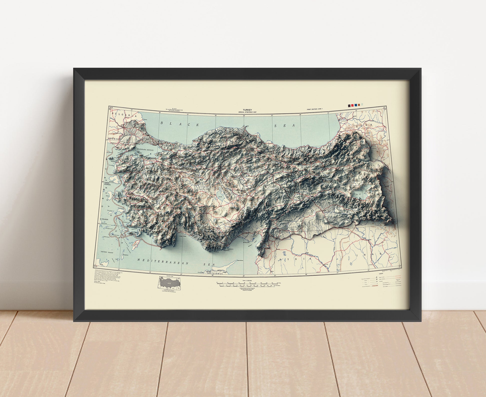 Vintage Turkey shaded relief map in black frame. Artistic print with realistic terrain effect for wall decor