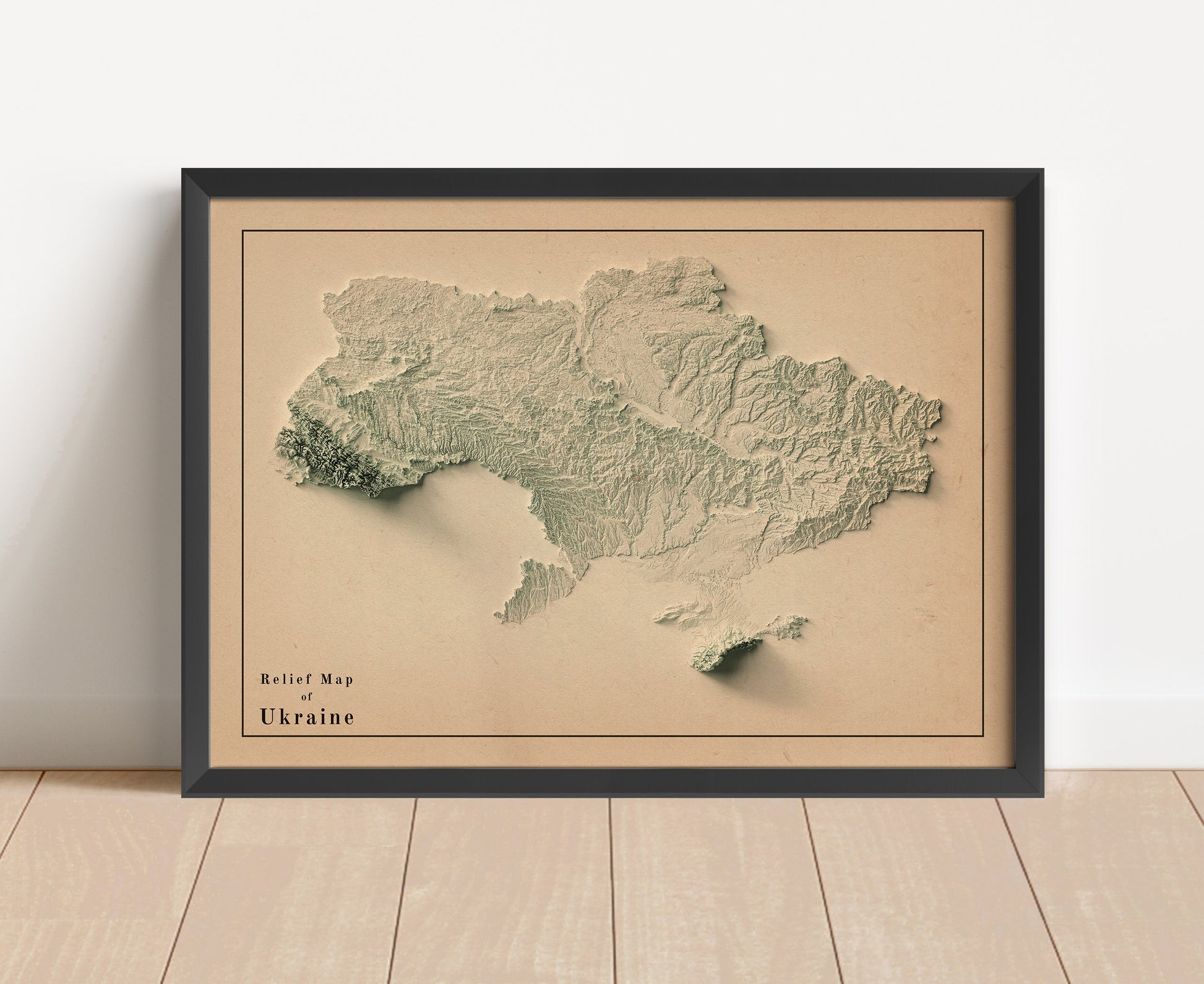 Vintage Ukraine shaded relief map in black frame. Artistic print with realistic terrain effect for wall decor