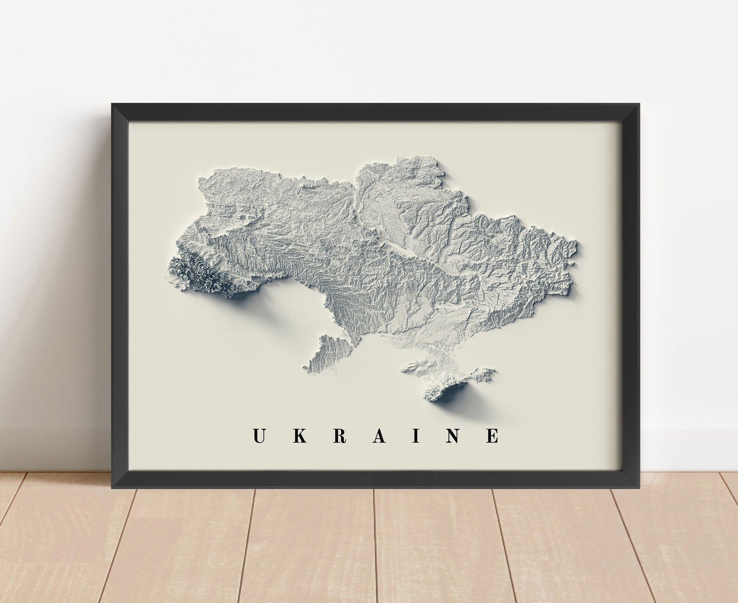 Ukraine shaded relief map in black frame. Artistic print with realistic terrain effect for wall decor