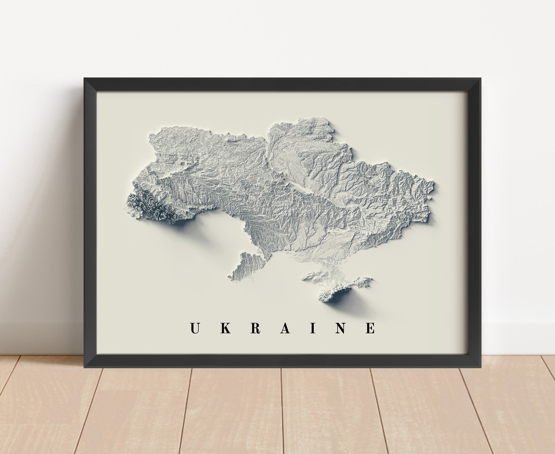 Ukraine shaded relief map in black frame. Artistic print with realistic terrain effect for wall decor